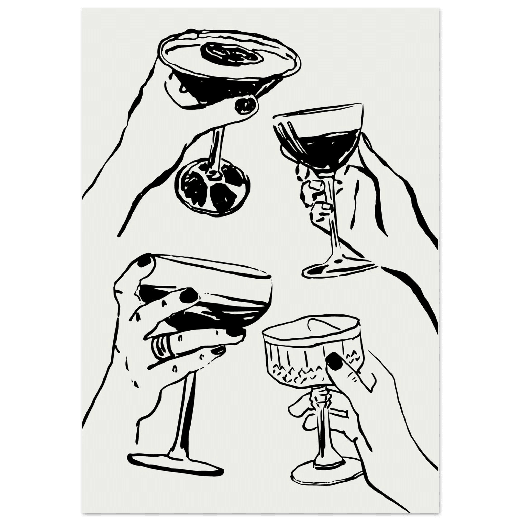 Cheers Print | Black Line Art Cocktail Glasses Wall Art | Kitchen Bar Poster - Evergreen Posters