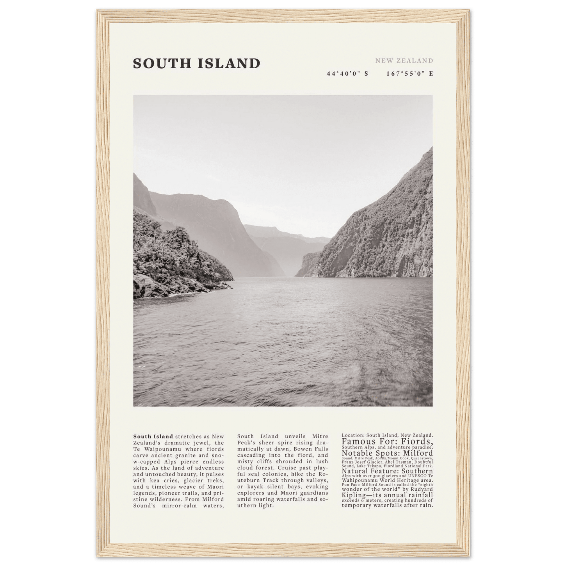 South Island New Zealand Poster Black and White – Vintage Milford Sound Fjord Print - Evergreen Posters