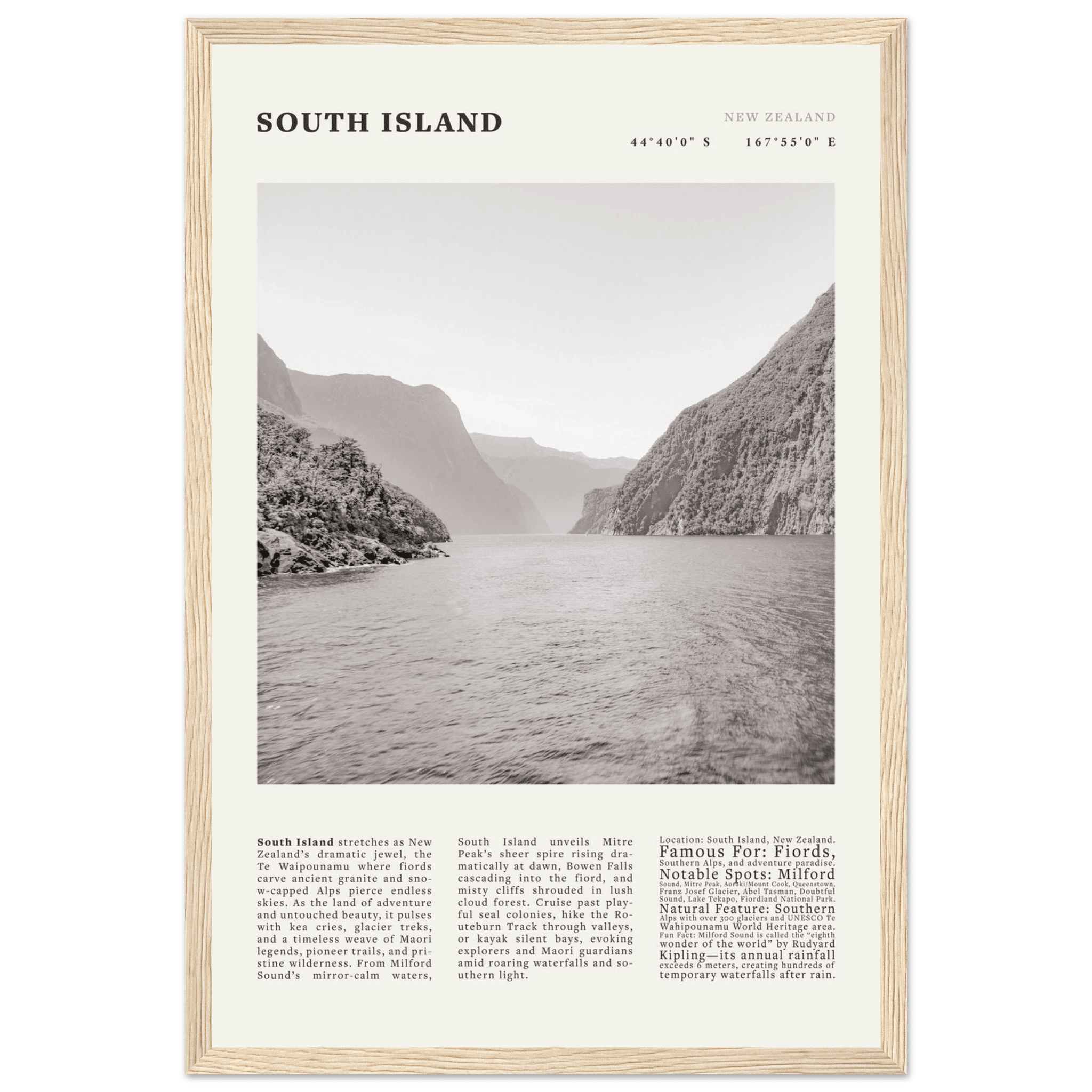 South Island New Zealand Poster Black and White – Vintage Milford Sound Fjord Print - Evergreen Posters