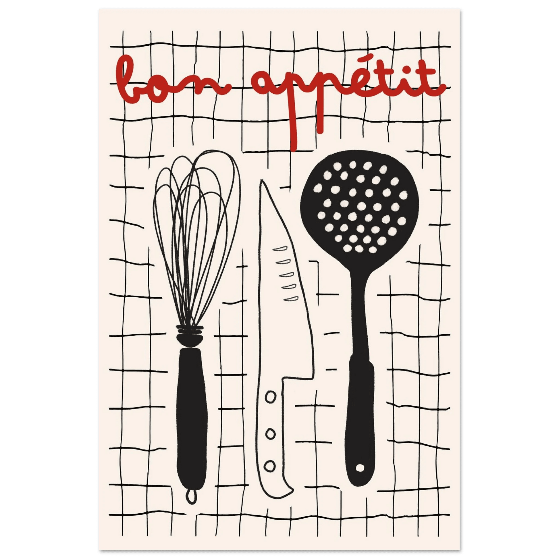 Bon Appétit French Kitchen Print | Bold Black Red Wall Art Poster - Evergreen Posters