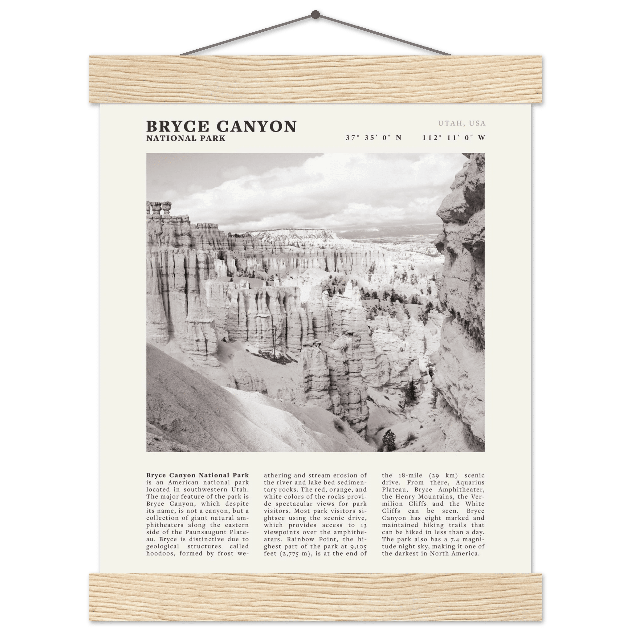 Bryce Canyon National Park Poster | Black & White Utah Hoodoos Wall Art Print - Evergreen Posters - 54