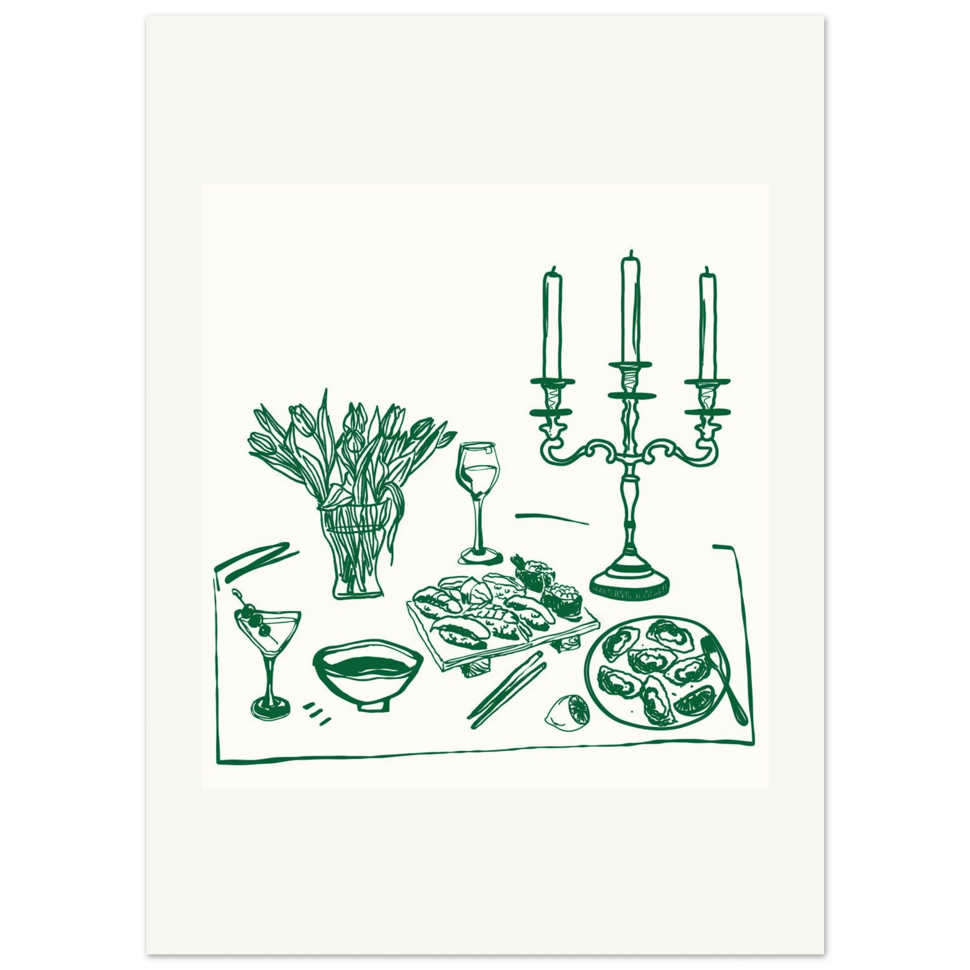 Fine Dining Table Print | Green Line Art Kitchen Wall Art | Elegant Dining Room Poster - Evergreen Posters