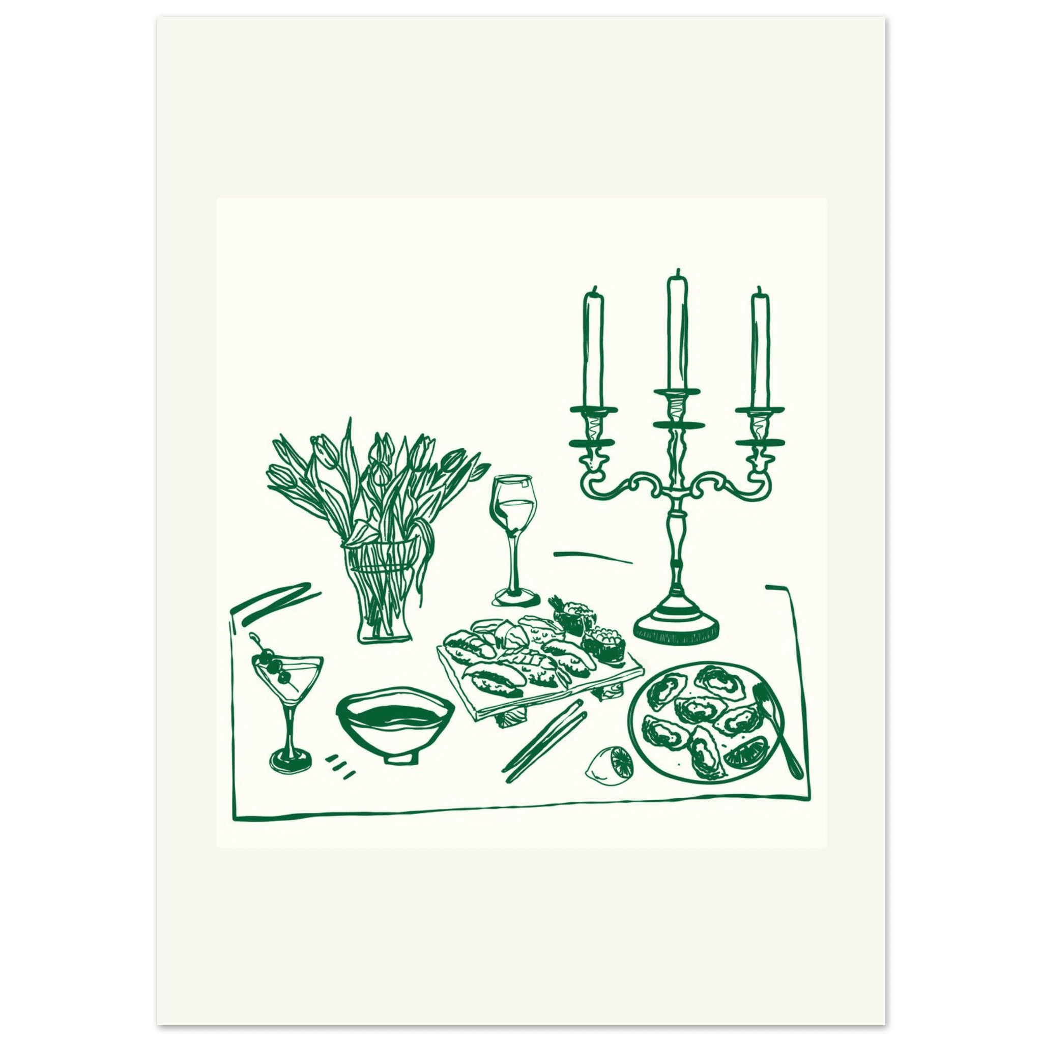 Fine Dining Table Print | Green Line Art Kitchen Wall Art | Elegant Dining Room Poster - Evergreen Posters
