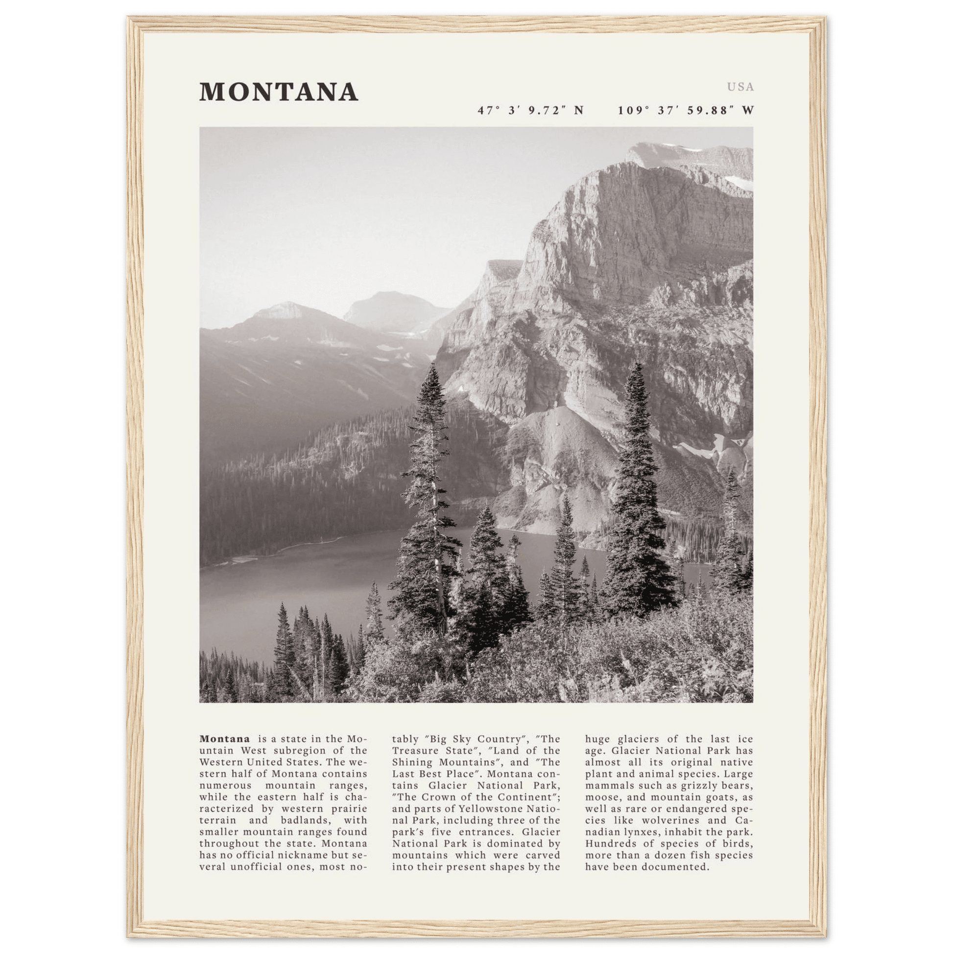 Montana Poster | Black & White Glacier National Park Wall Art | Nature Travel Print - Evergreen Posters