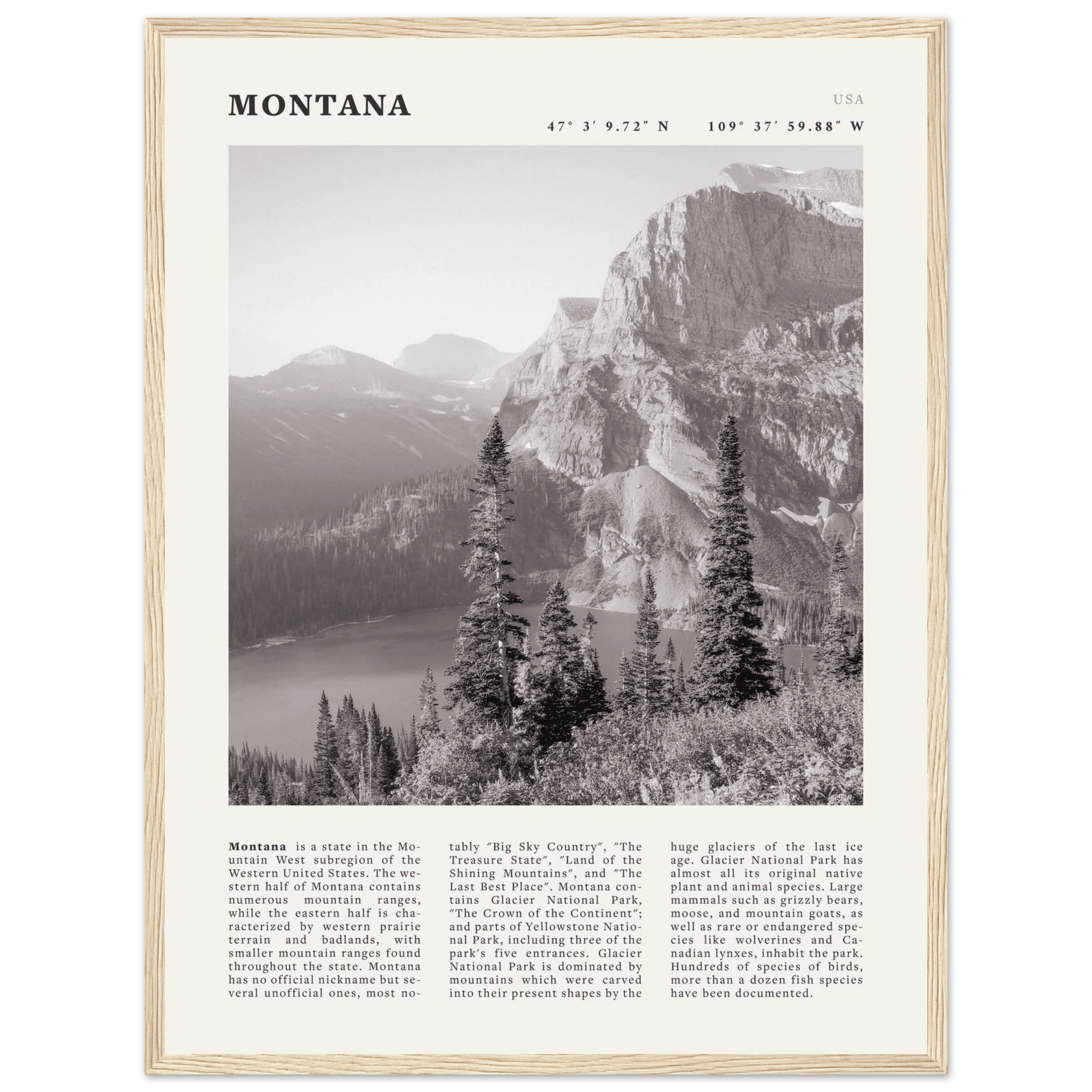 Montana Poster | Black & White Glacier National Park Wall Art | Nature Travel Print - Evergreen Posters