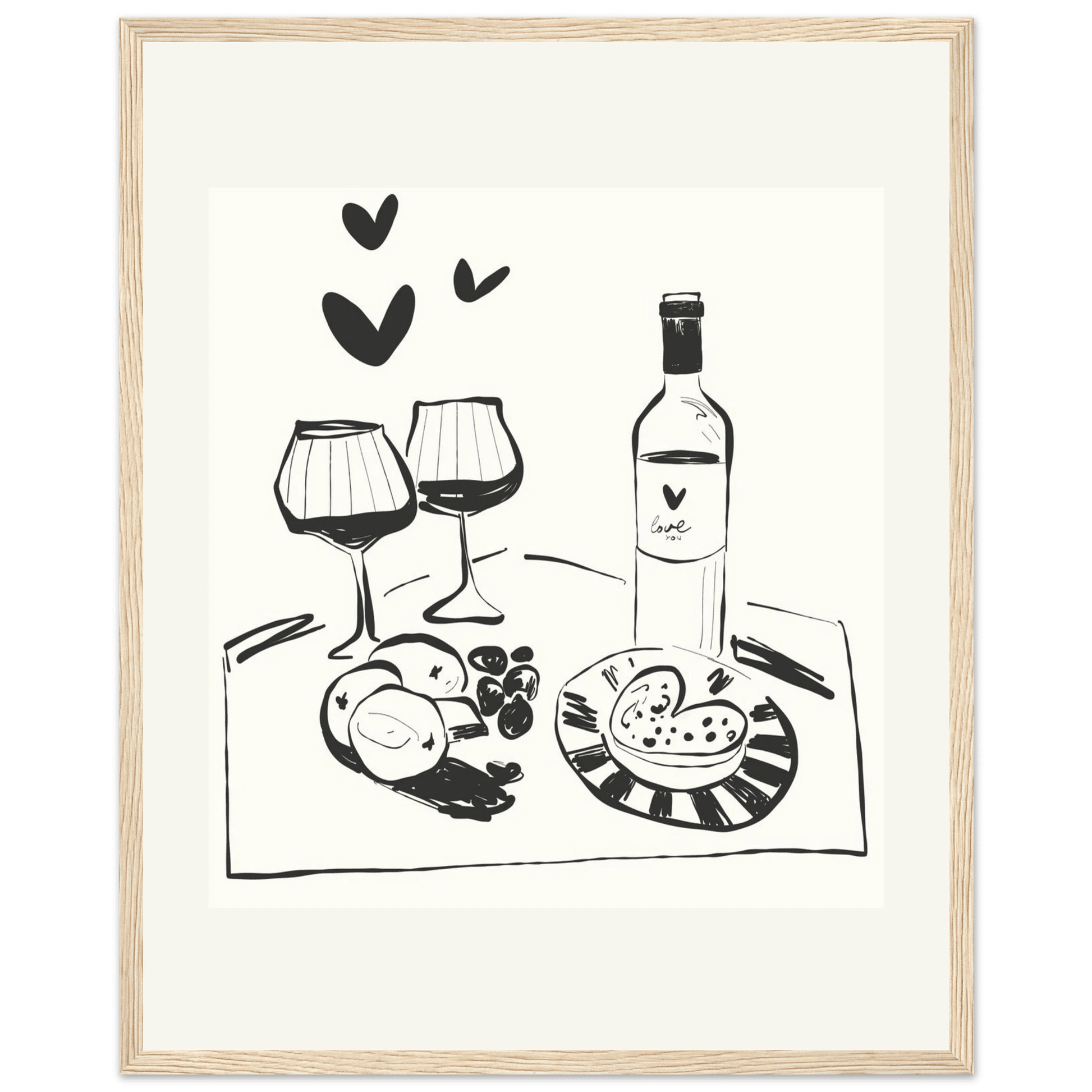 Wine for Two Print | Black Line Art Romantic Kitchen Wall Art | Couples Poster - Evergreen Posters