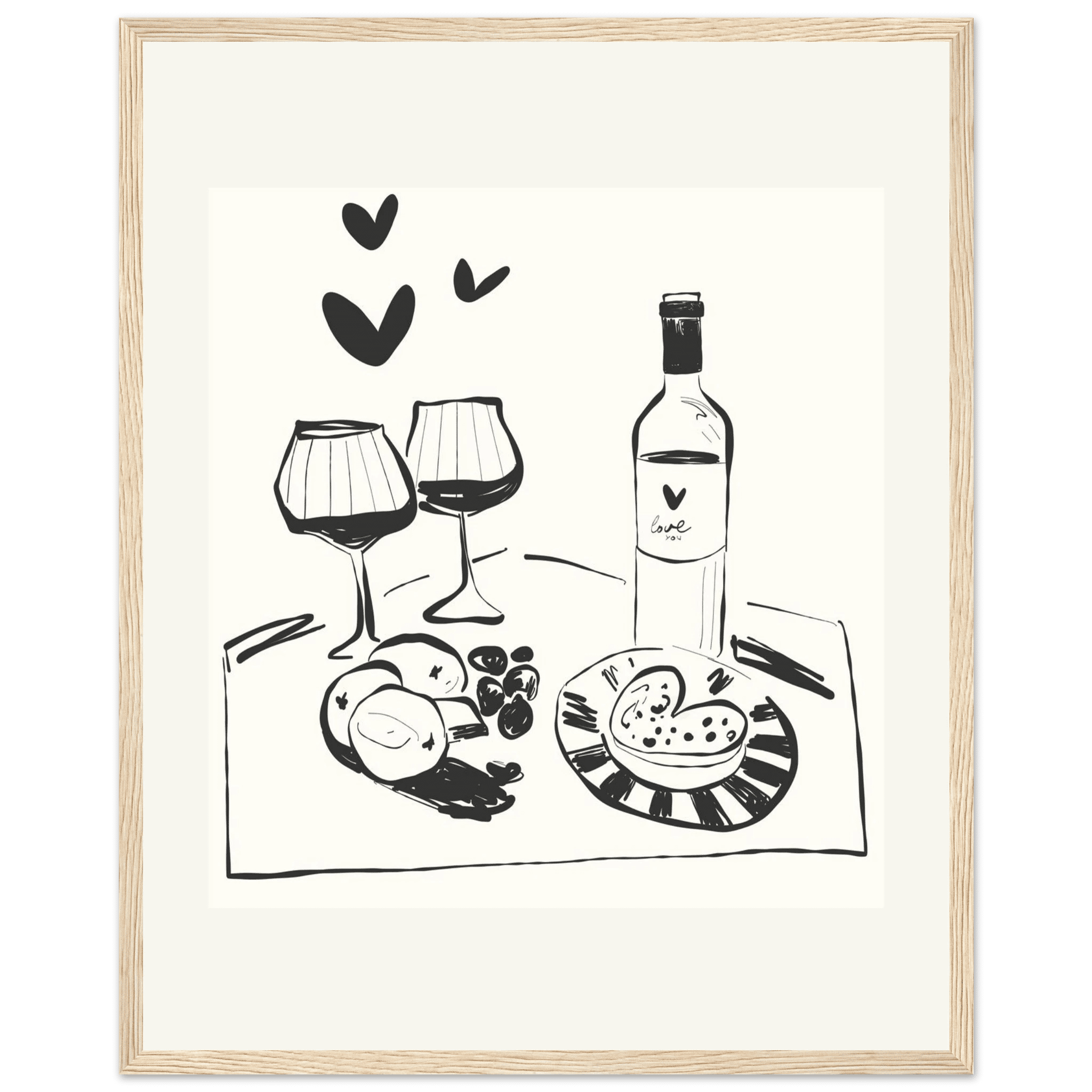 Wine for Two Print | Black Line Art Romantic Kitchen Wall Art | Couples Poster - Evergreen Posters