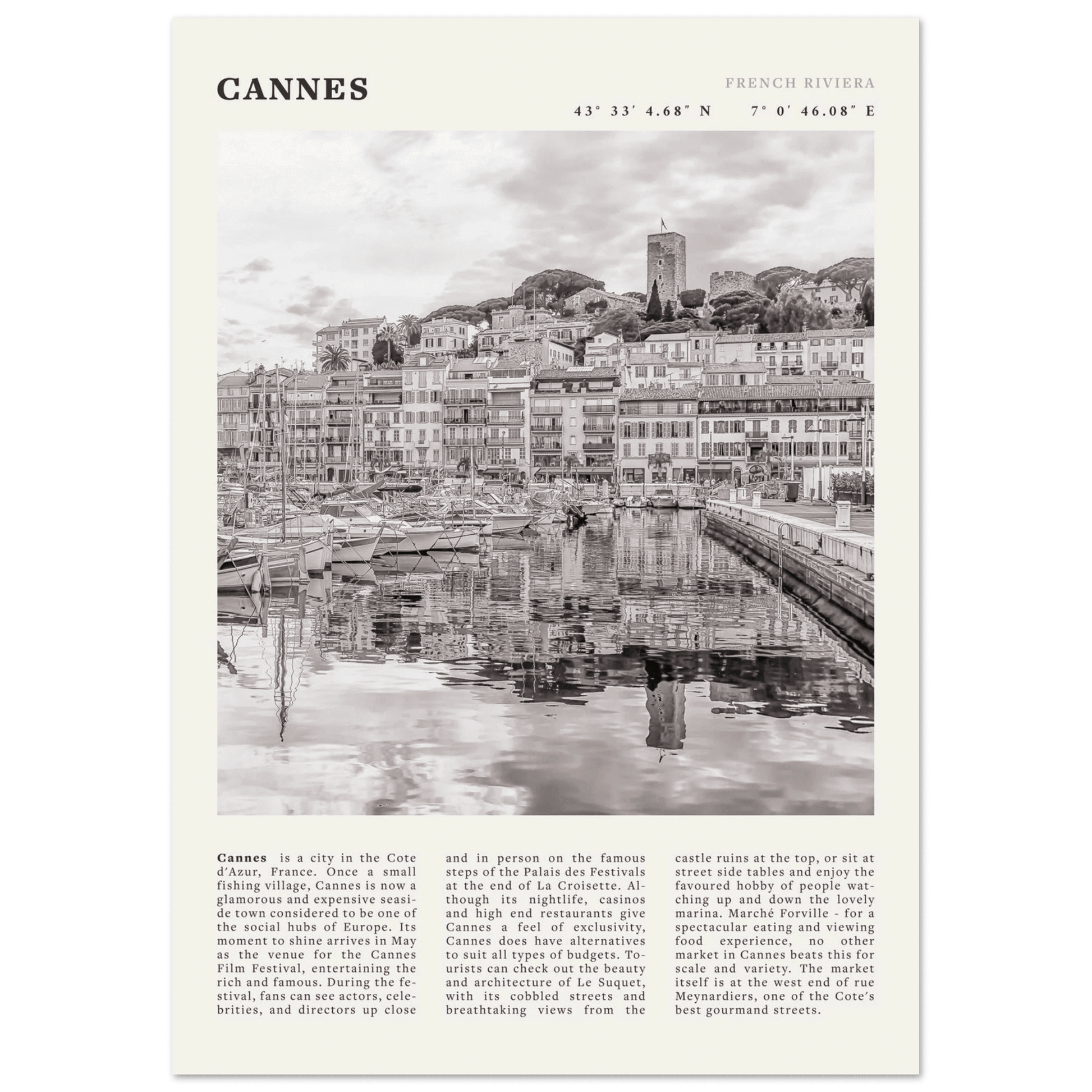 Cannes Poster | Black & White French Riviera Wall Art | France Travel Print - Evergreen Posters