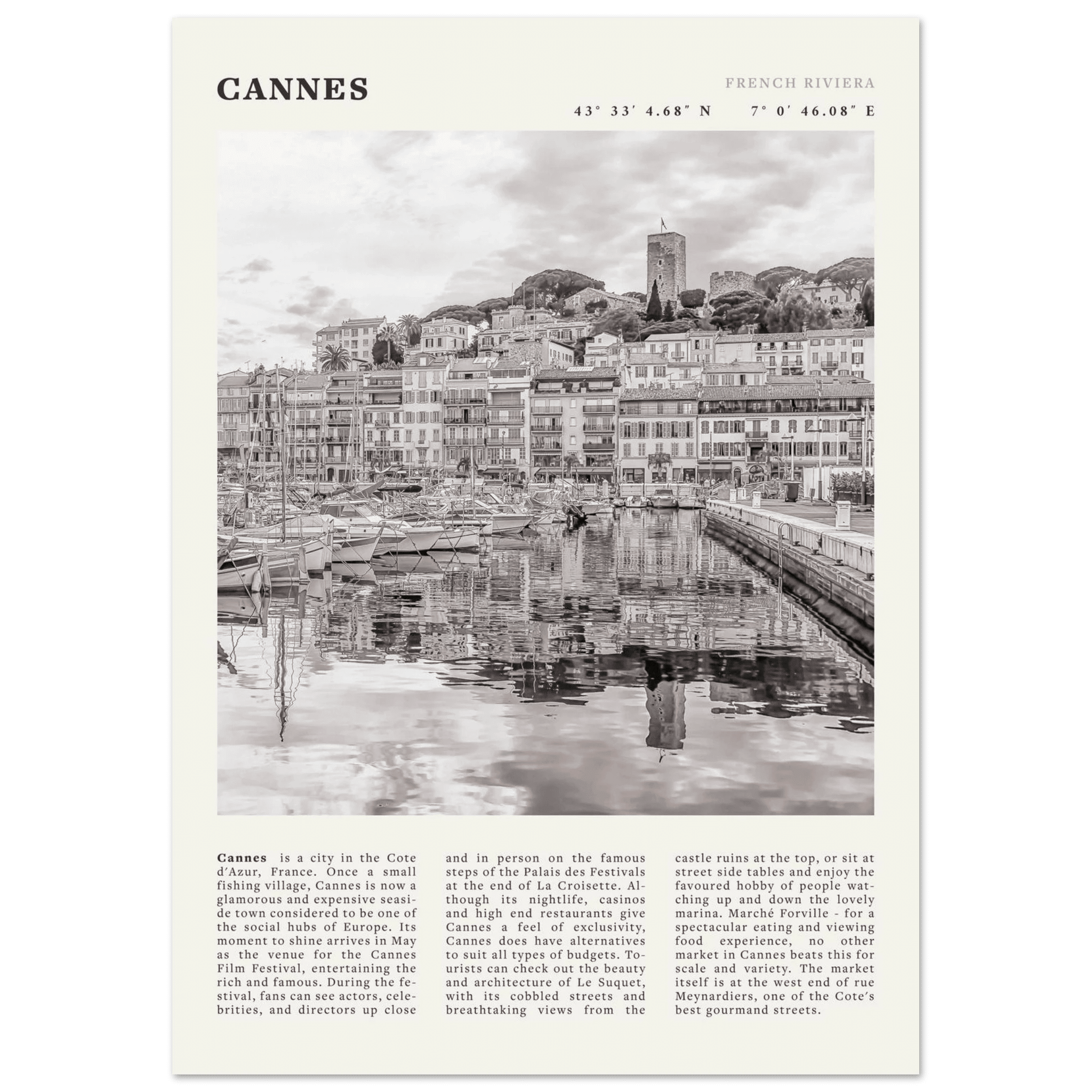 Cannes Poster | Black & White French Riviera Wall Art | France Travel Print - Evergreen Posters