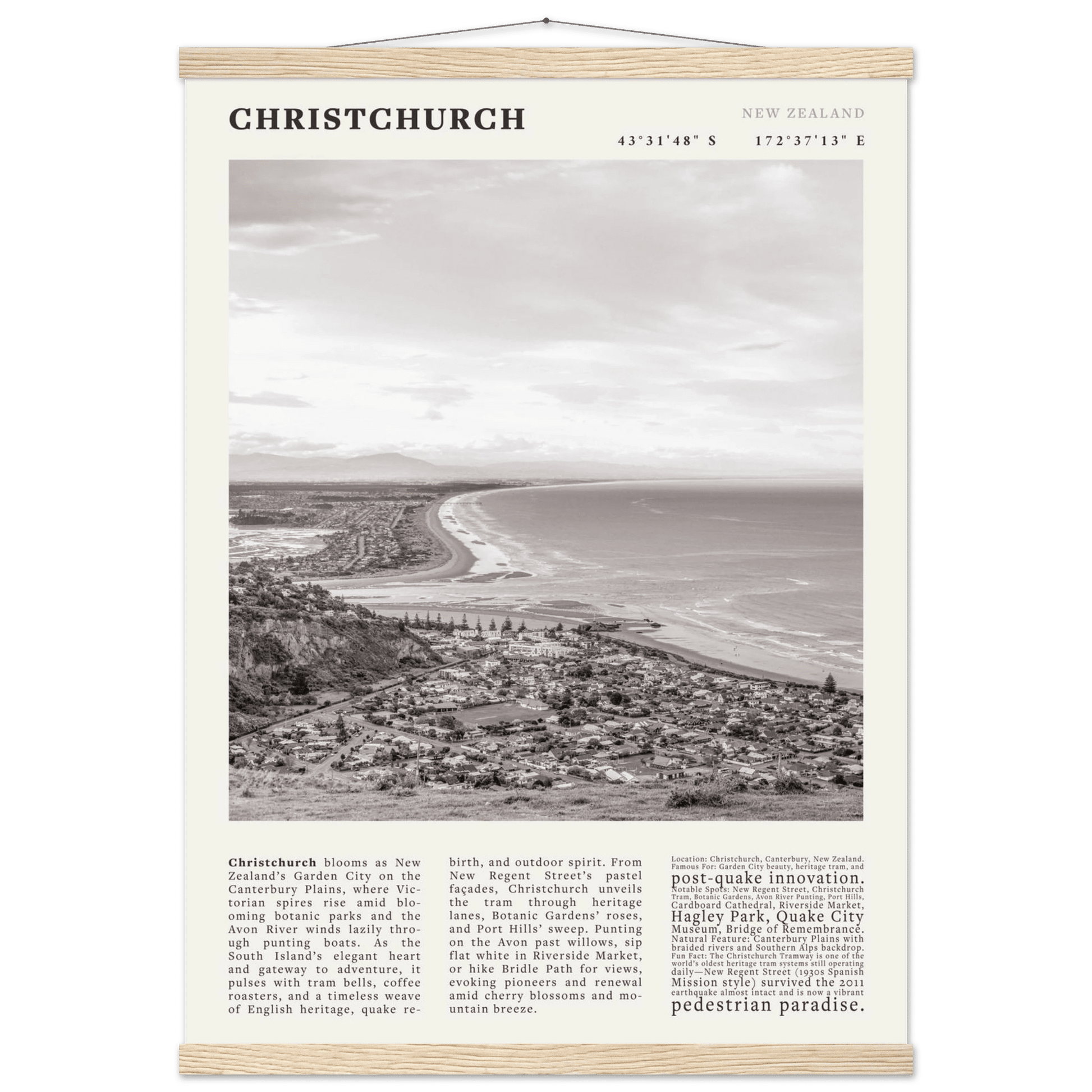 Christchurch New Zealand Poster Black and White – Vintage Garden City Panorama Print - Evergreen Posters