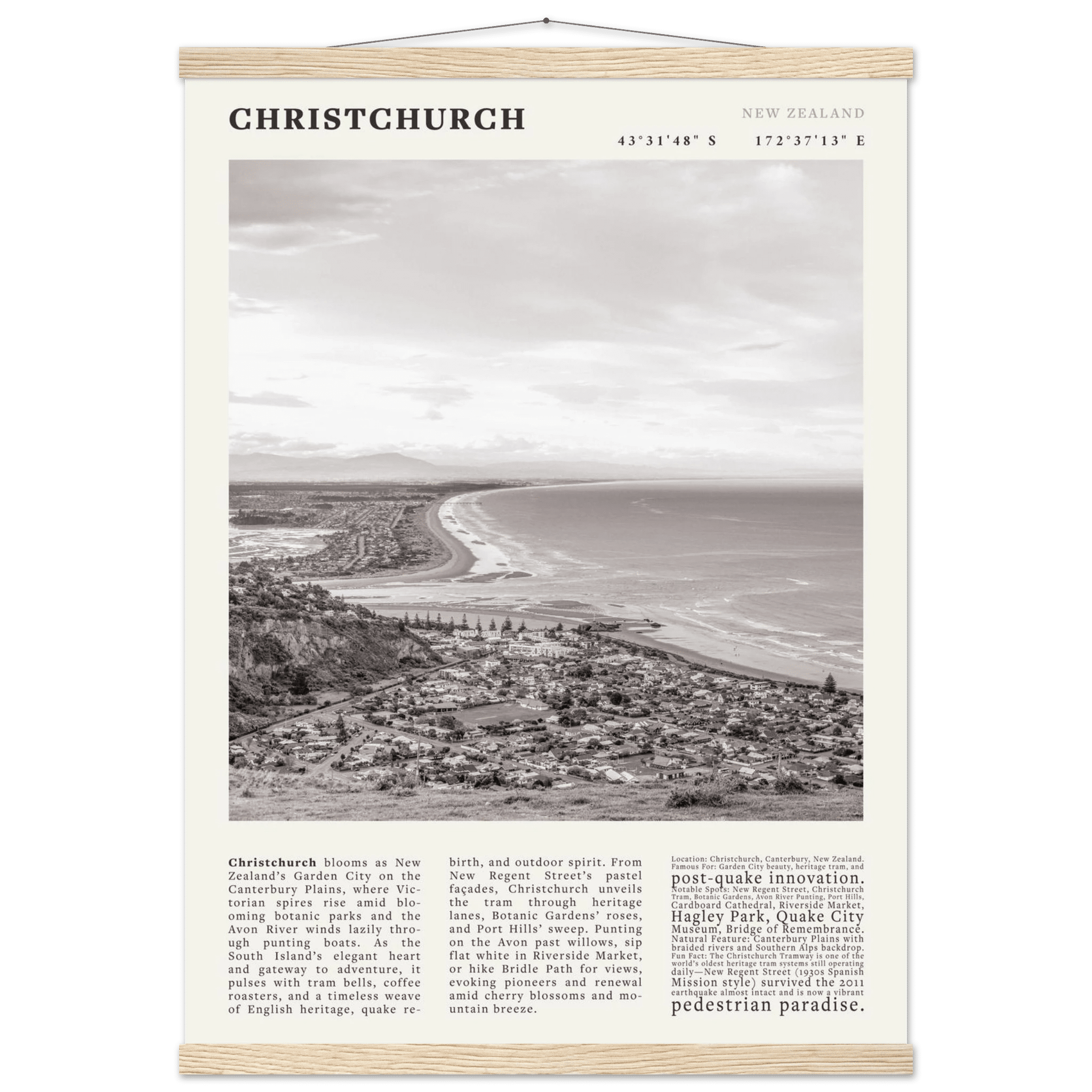 Christchurch New Zealand Poster Black and White – Vintage Garden City Panorama Print - Evergreen Posters