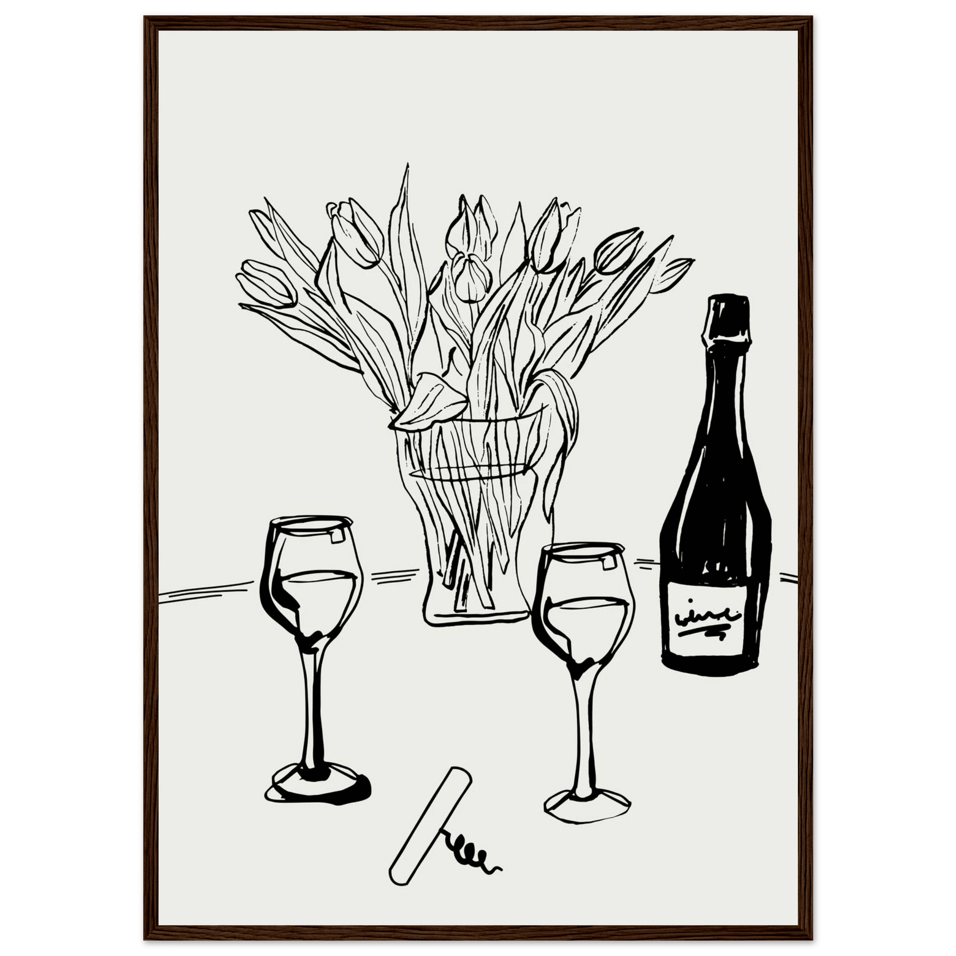 Wine & Tulips Print | Black Line Art Wine Bottle Wall Art | Minimalist Kitchen Poster - Evergreen Posters