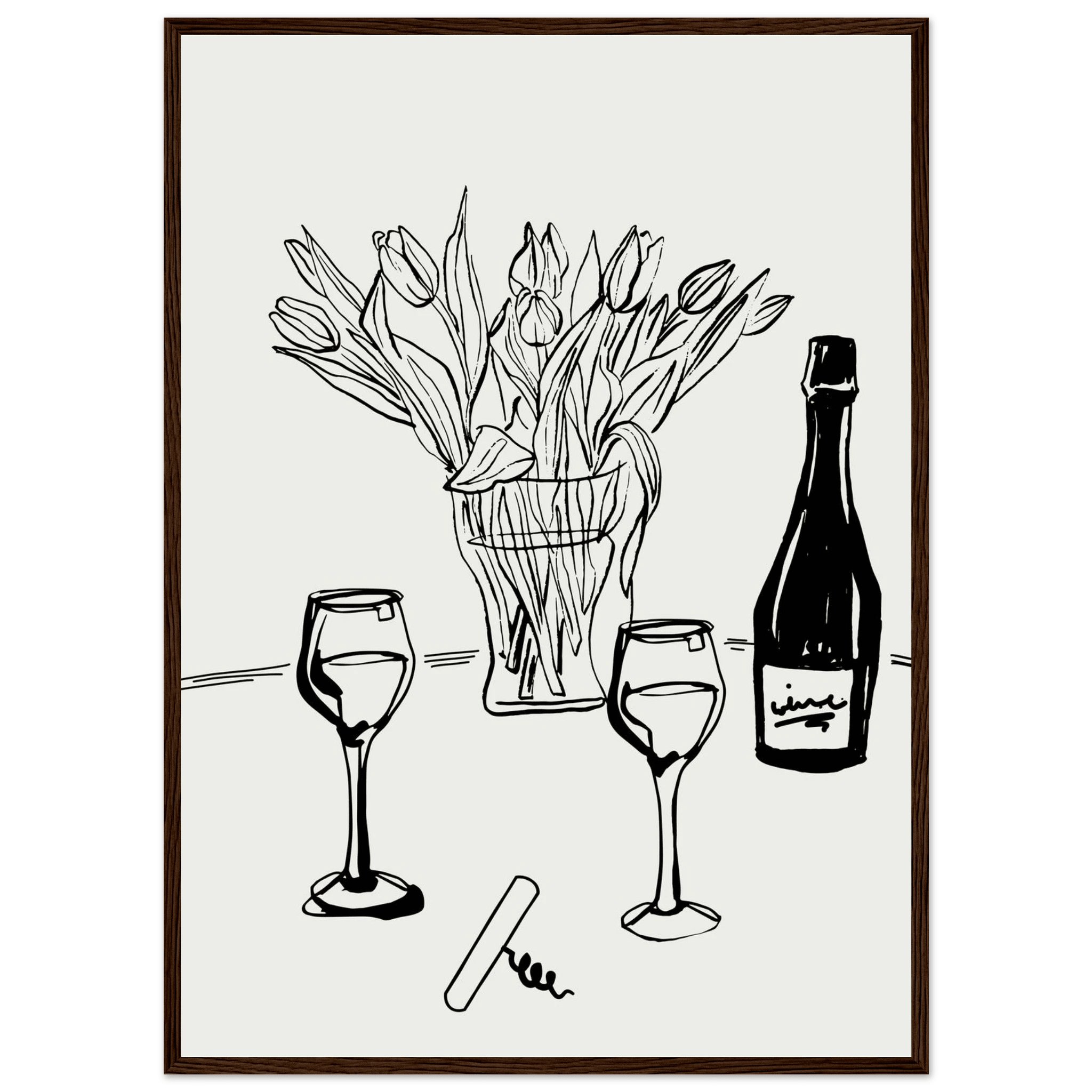 Wine & Tulips Print | Black Line Art Wine Bottle Wall Art | Minimalist Kitchen Poster - Evergreen Posters