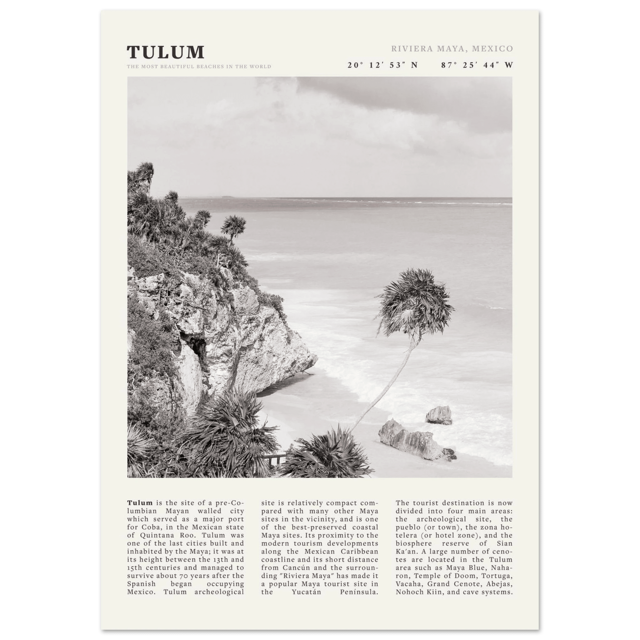 Tulum Poster | Black & White Riviera Maya Mexico Wall Art | Beach Travel Print - Evergreen Posters