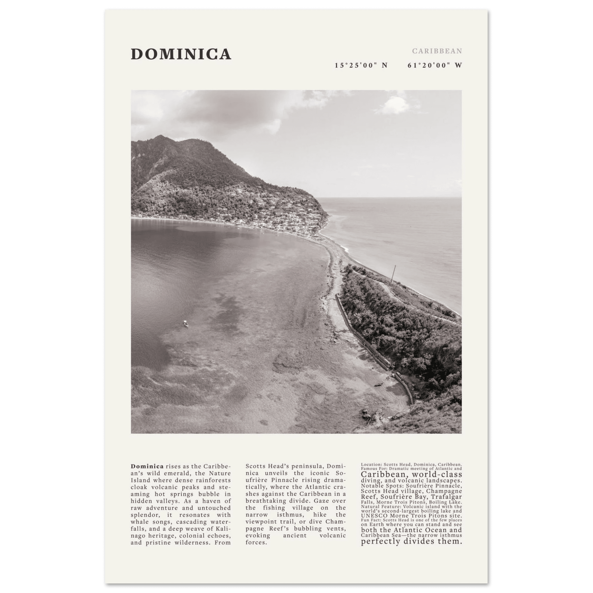 Dominica Poster Black and White – Vintage Caribbean Rainforest Island Print (Digital & Printed Options) - Evergreen Posters