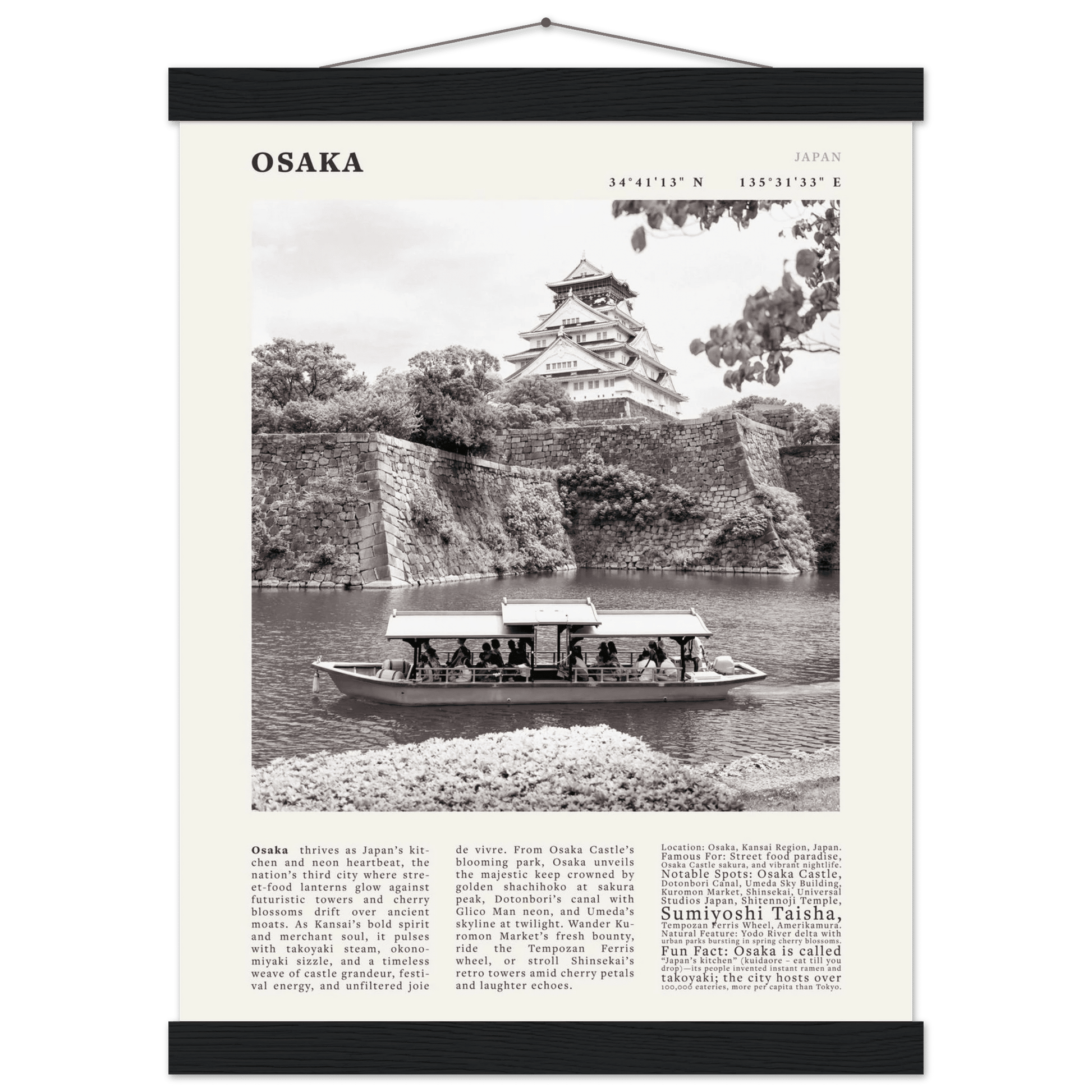 Osaka Poster Black and White – Vintage Osaka Castle Cherry Blossom Print (Digital & Printed Options) - Evergreen Posters