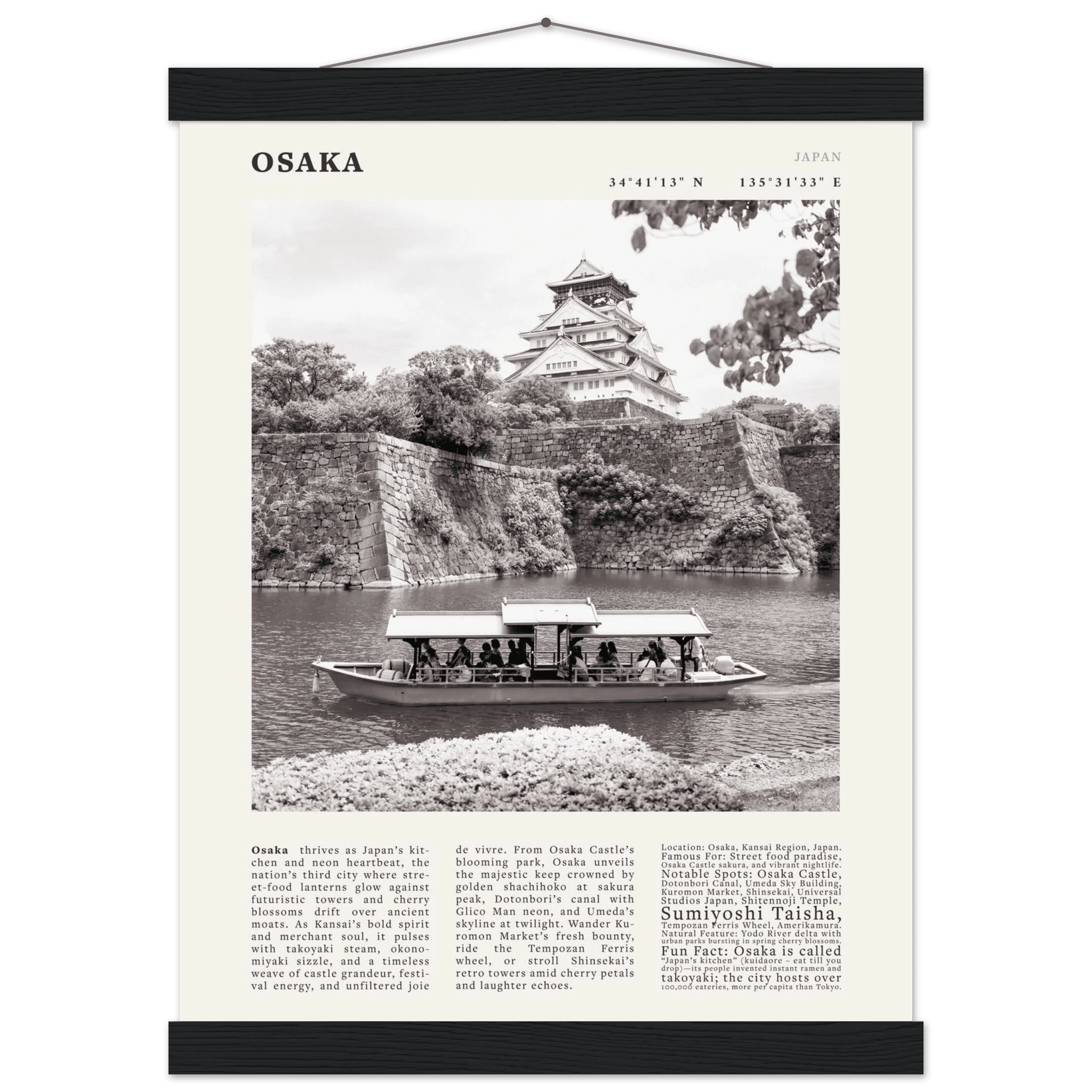 Osaka Poster Black and White – Vintage Osaka Castle Cherry Blossom Print (Digital & Printed Options) - Evergreen Posters