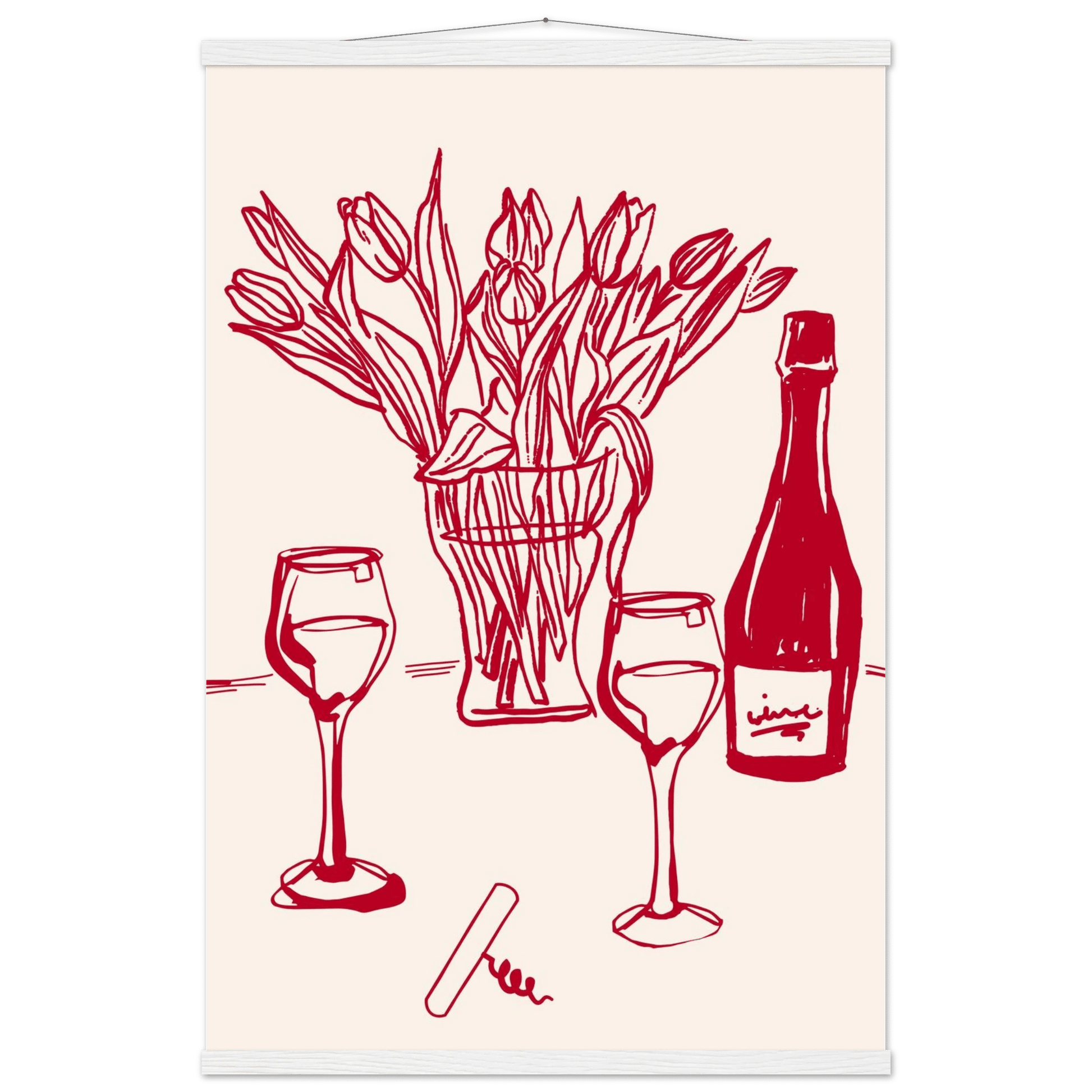 Red Wine & Tulips Print | Line Art Wine Bottle Wall Art | Kitchen Poster - Evergreen Posters