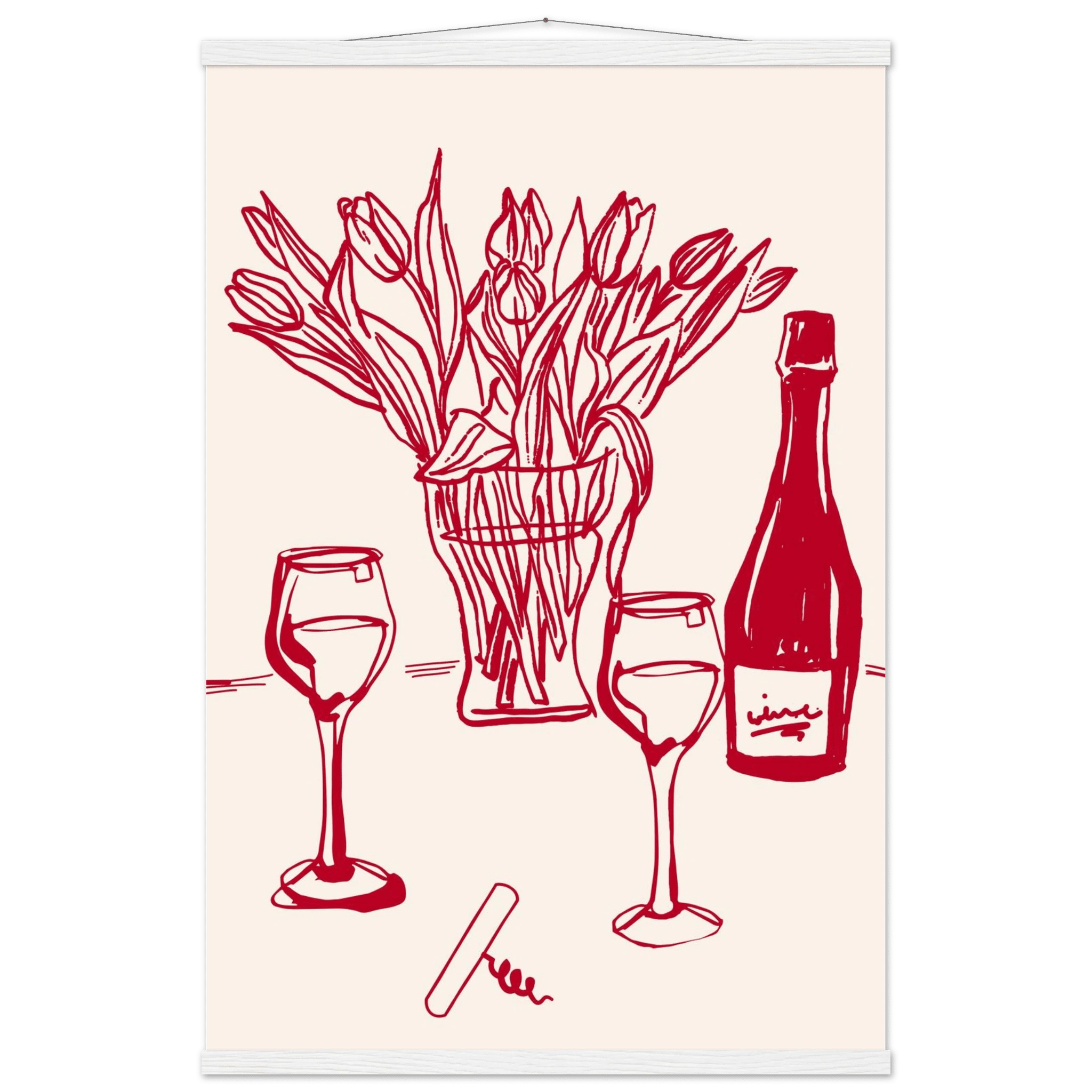 Red Wine & Tulips Print | Line Art Wine Bottle Wall Art | Kitchen Poster - Evergreen Posters