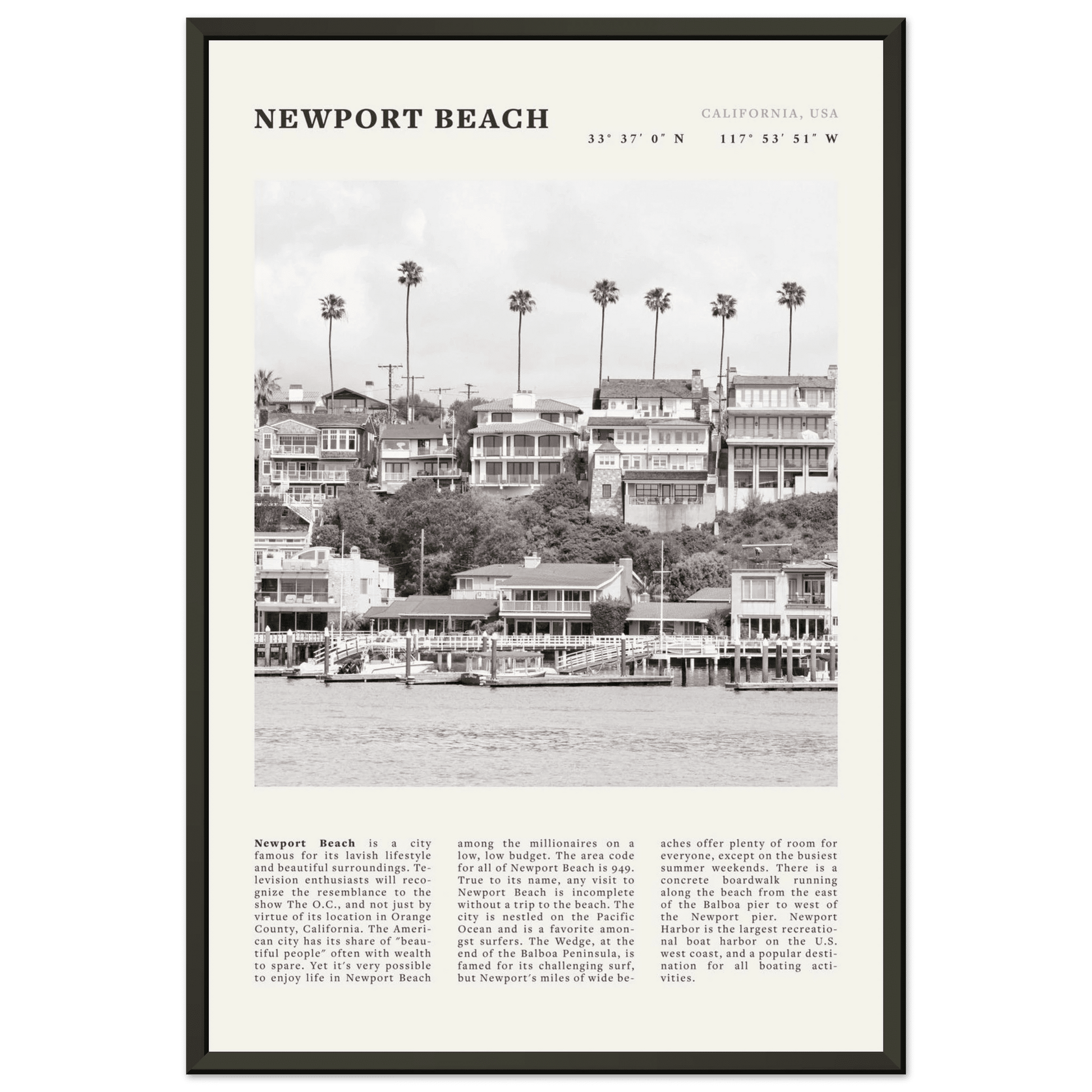 Newport Beach Poster | Black & White California Harbor Wall Art | Coastal Print - Evergreen Posters