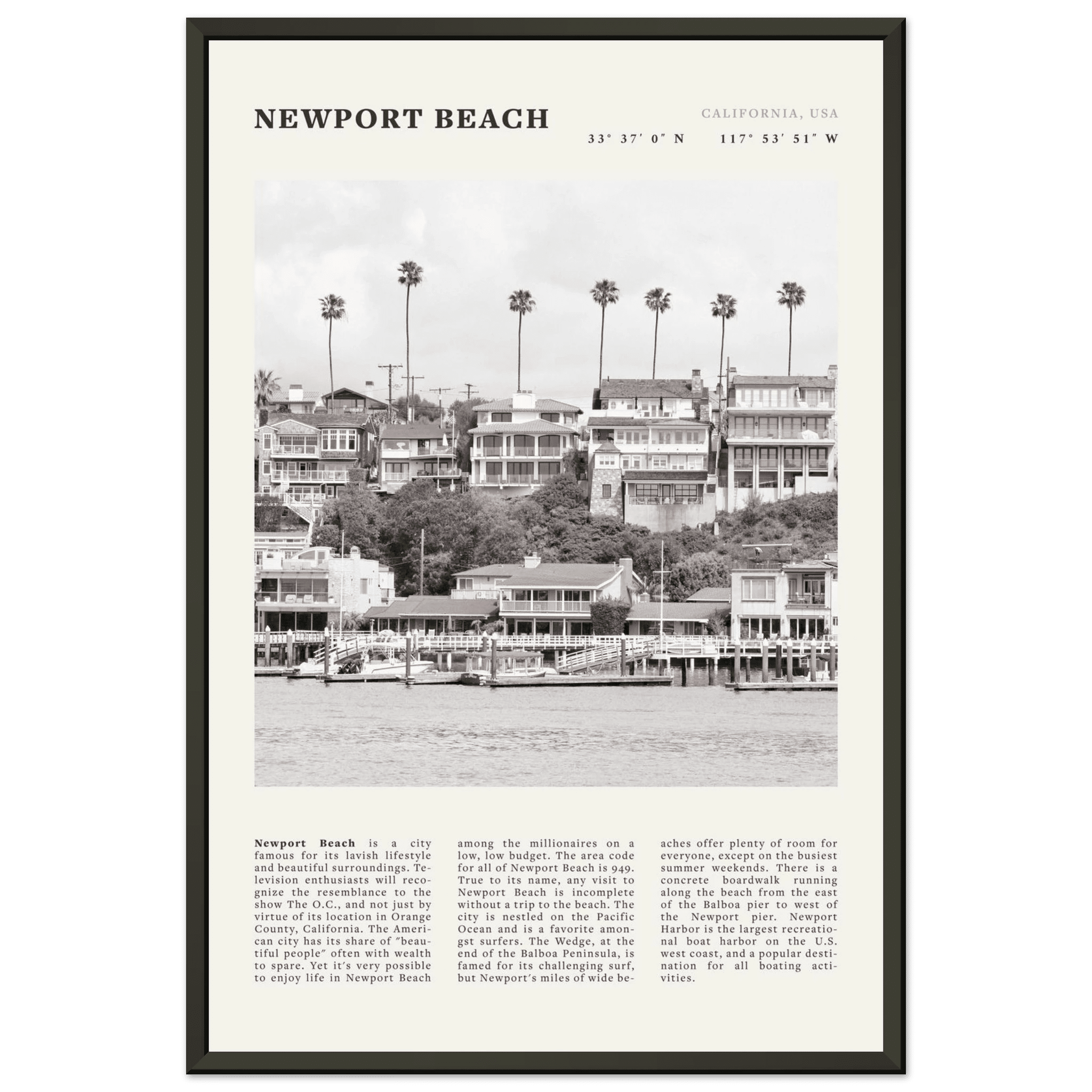 Newport Beach Poster | Black & White California Harbor Wall Art | Coastal Print - Evergreen Posters