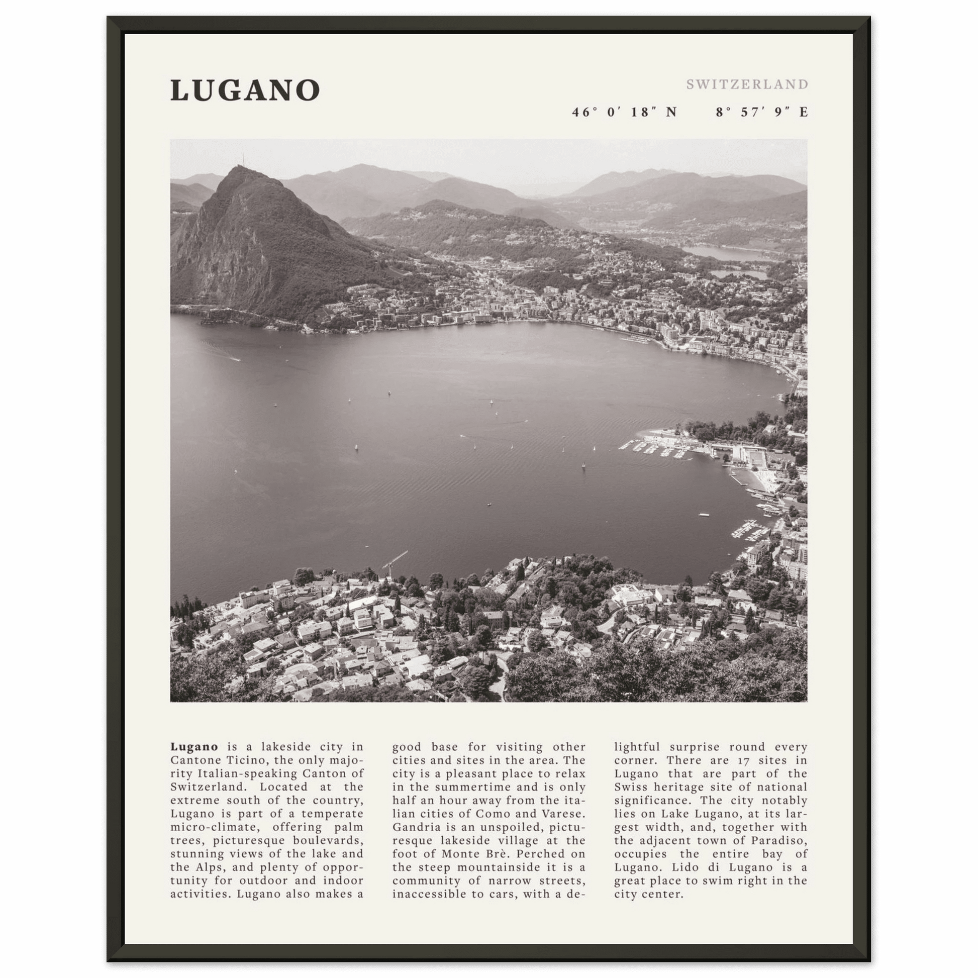 Lugano Poster | Black & White Swiss Lake Wall Art | Switzerland Travel Print - Evergreen Posters