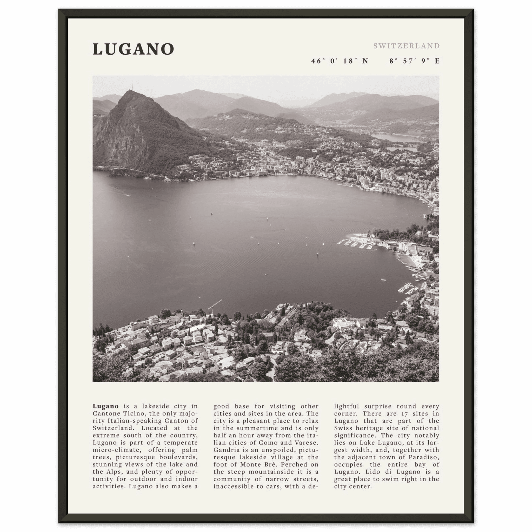 Lugano Poster | Black & White Swiss Lake Wall Art | Switzerland Travel Print - Evergreen Posters