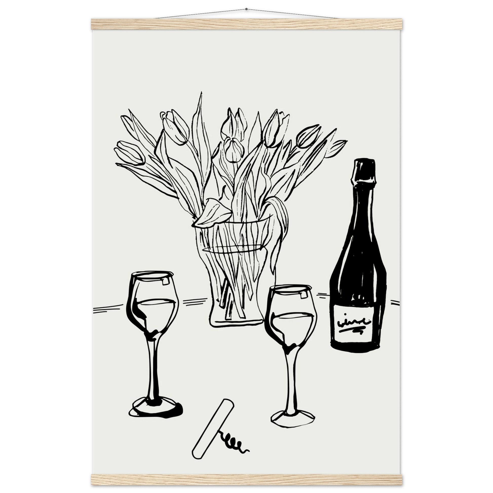 Wine & Tulips Print | Black Line Art Wine Bottle Wall Art | Minimalist Kitchen Poster - Evergreen Posters
