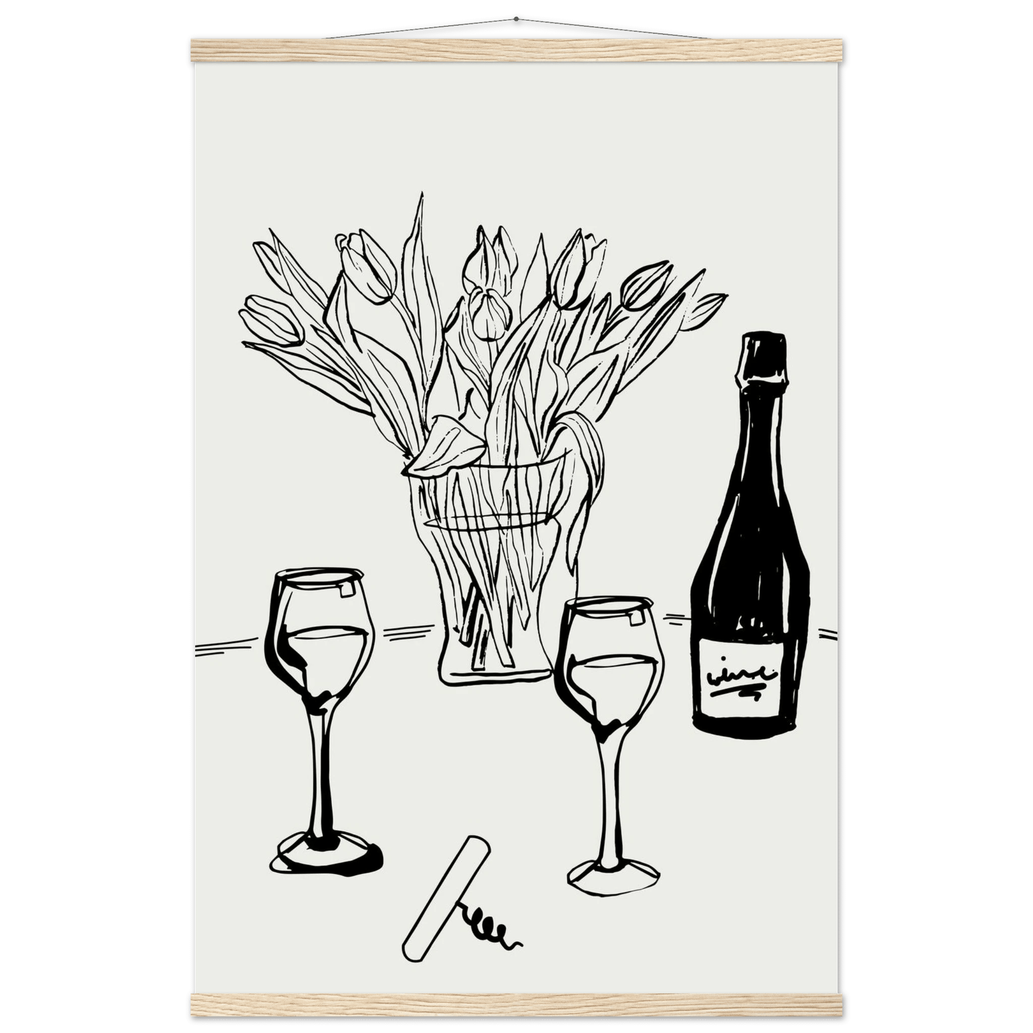 Wine & Tulips Print | Black Line Art Wine Bottle Wall Art | Minimalist Kitchen Poster - Evergreen Posters