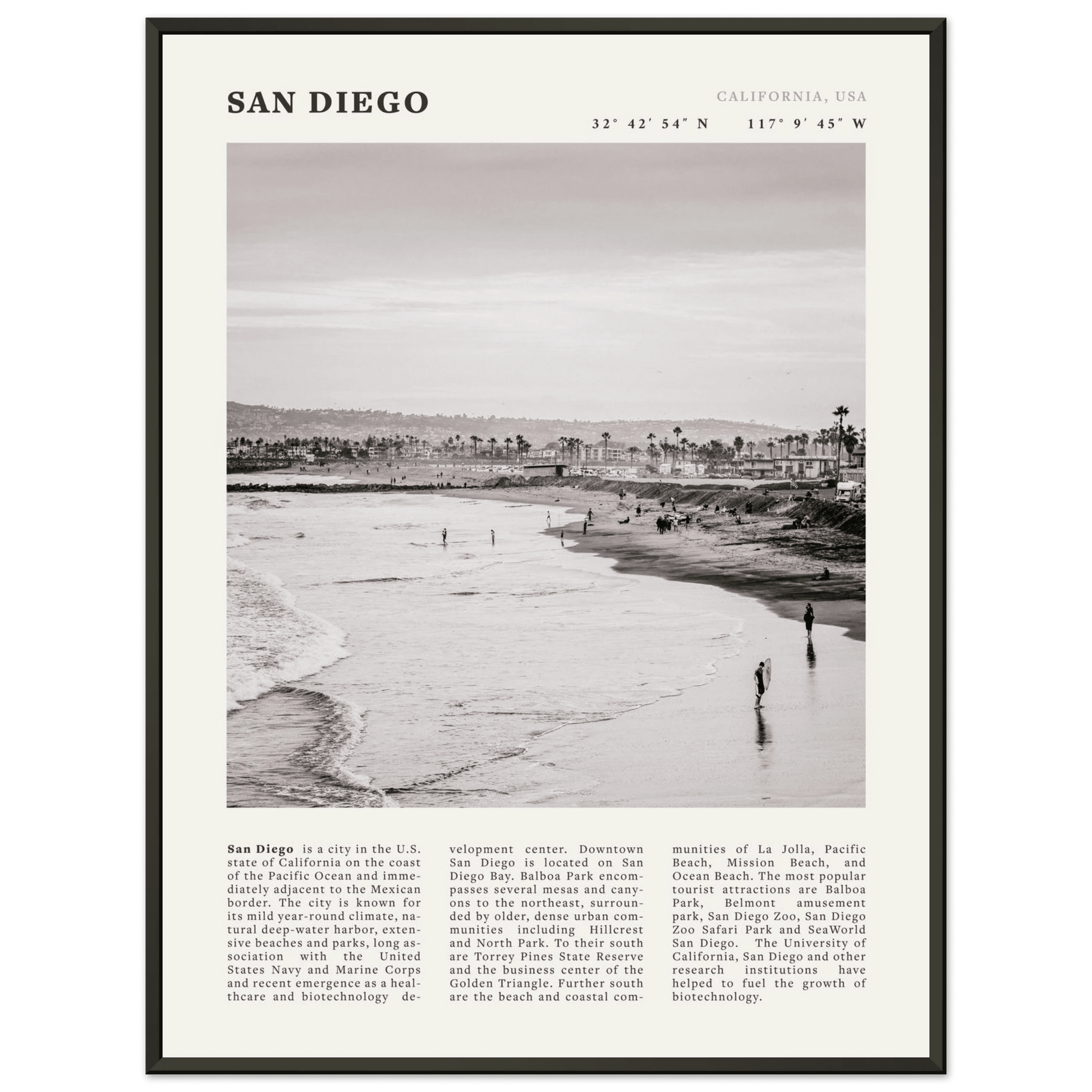 San Diego Poster | Black & White California Beach Wall Art | Coastal Travel Print Decor - Evergreen Posters