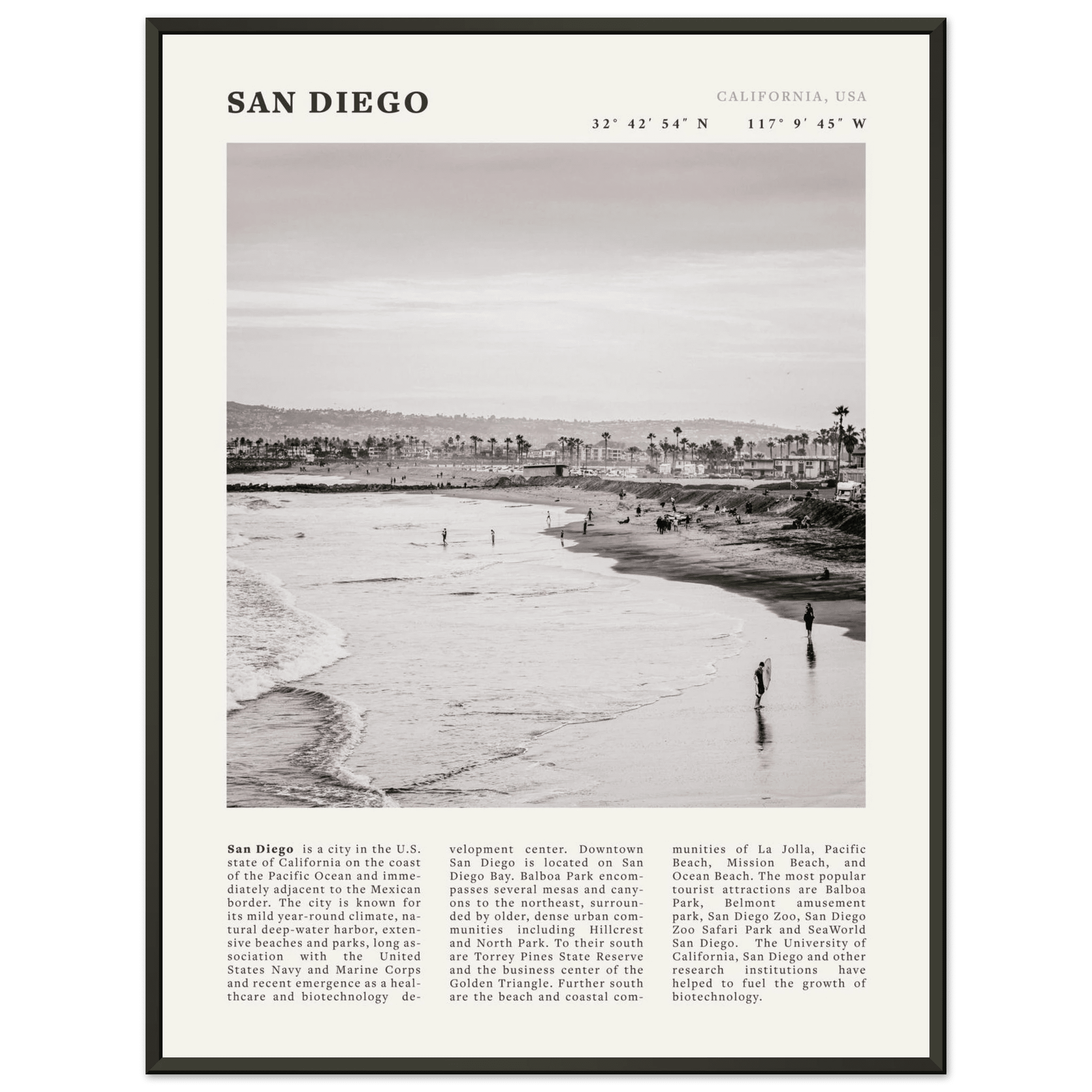 San Diego Poster | Black & White California Beach Wall Art | Coastal Travel Print Decor - Evergreen Posters