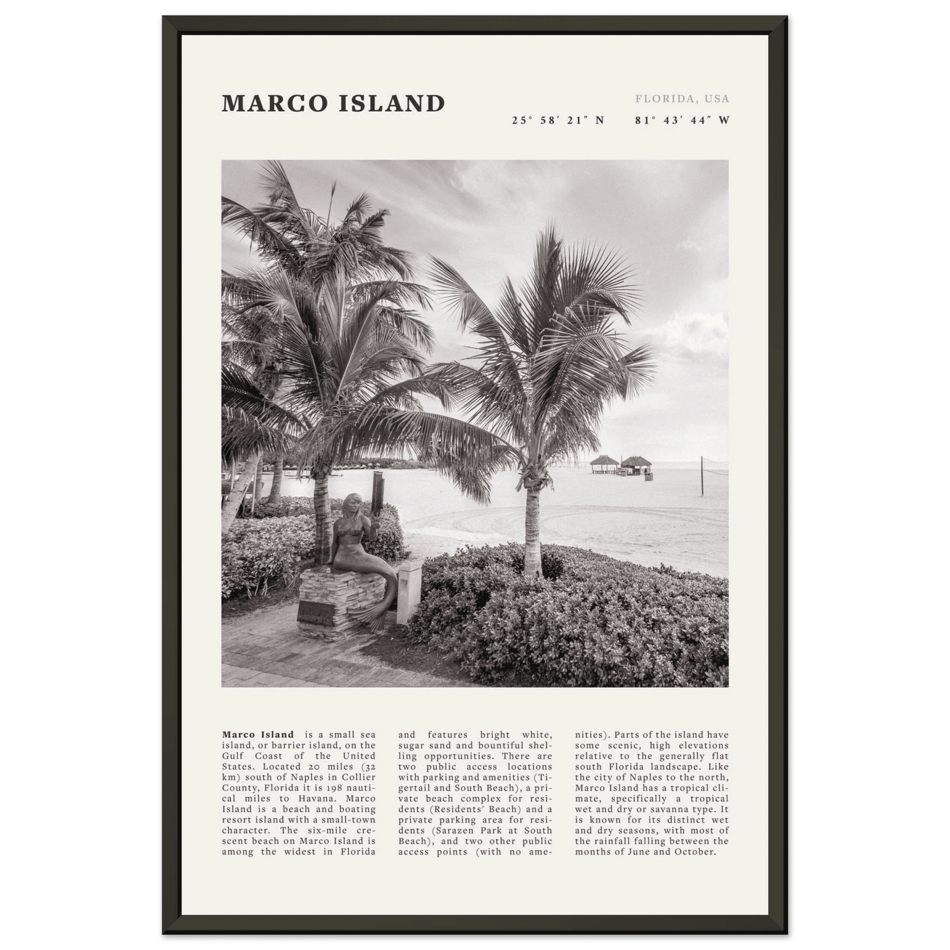 Marco Island Poster | Black & White Florida Beach Wall Art | Coastal Travel Print - Evergreen Posters