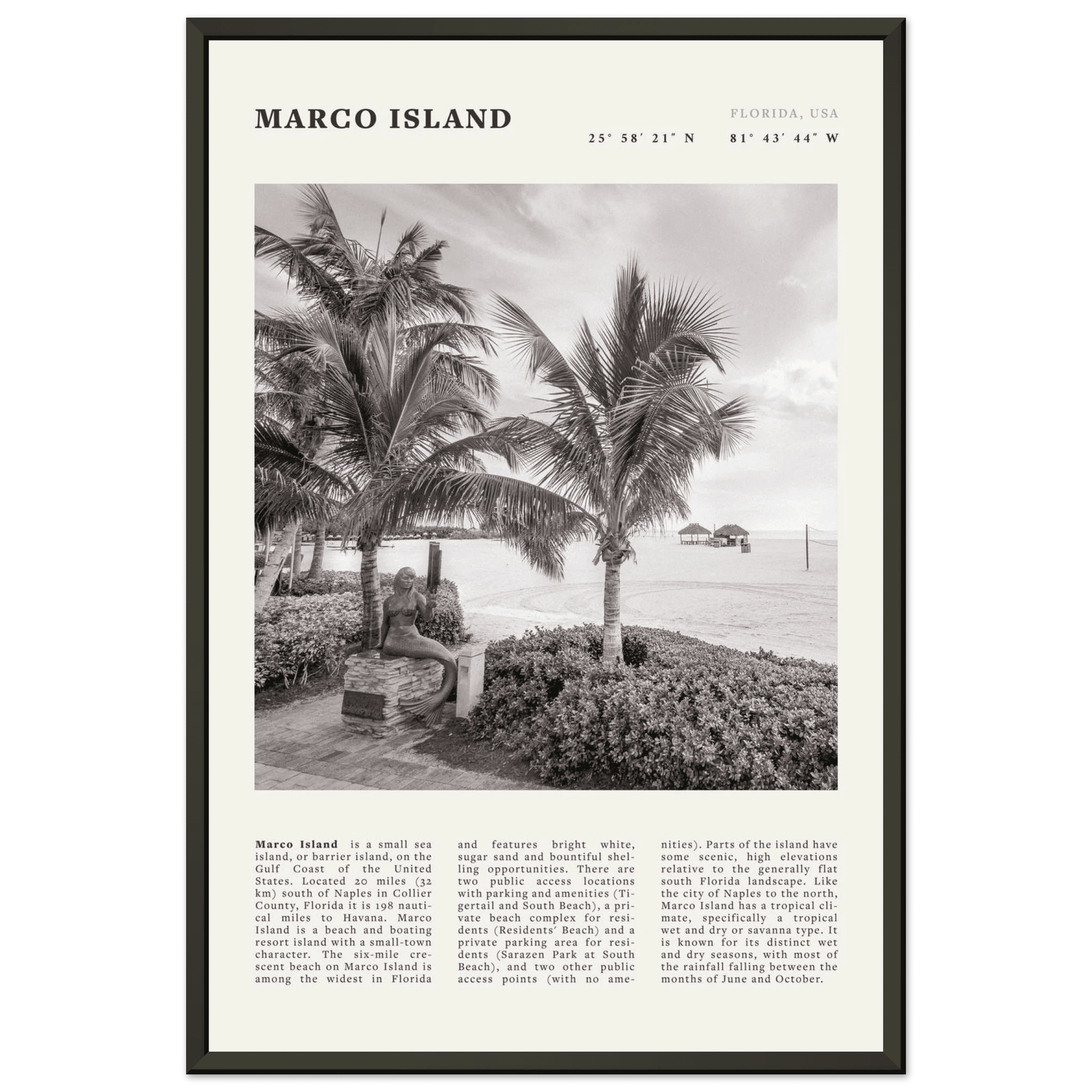 Marco Island Poster | Black & White Florida Beach Wall Art | Coastal Travel Print - Evergreen Posters