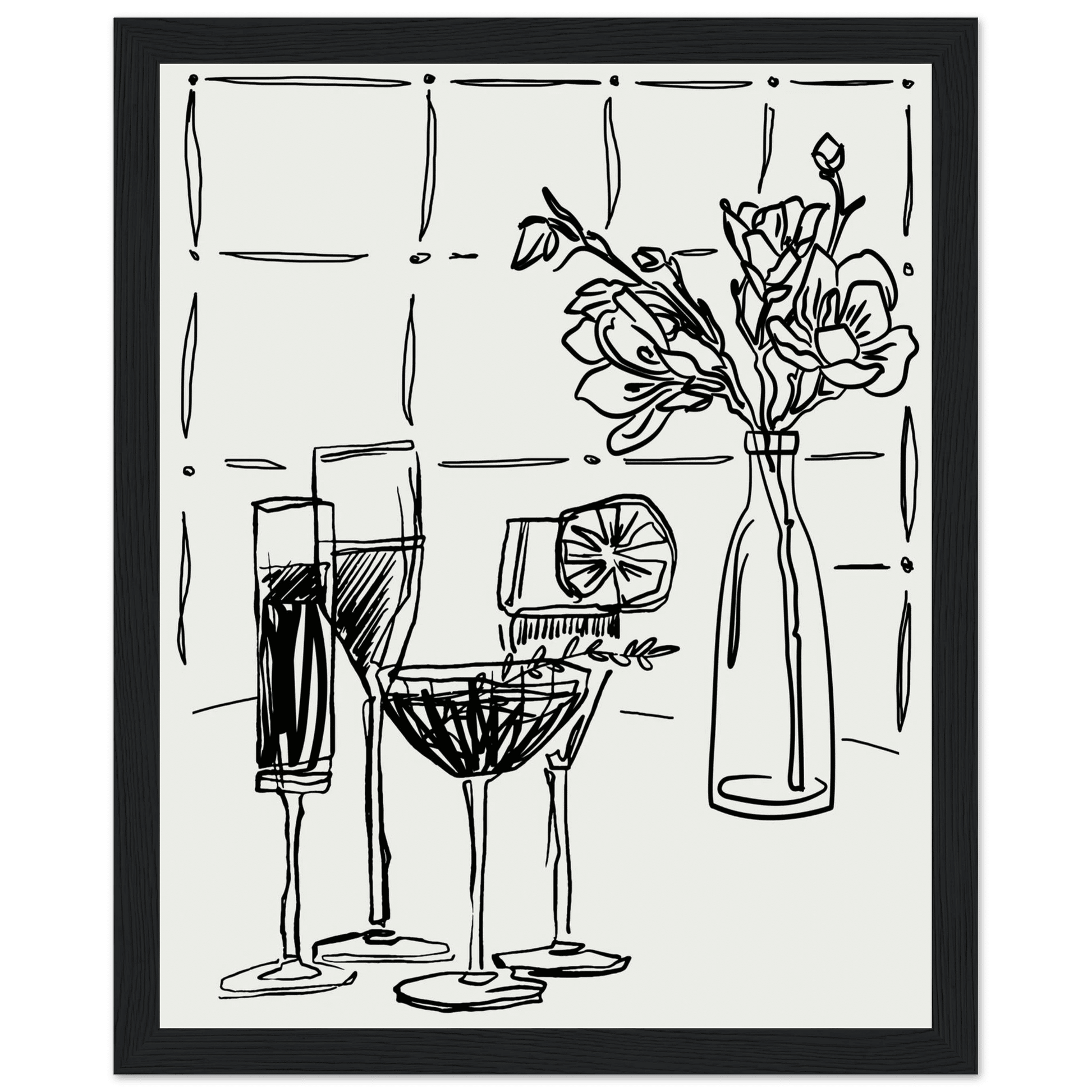 Cocktails & Flowers Print | Black Line Art Drinks Wall Art | Kitchen Bar Poster - Evergreen Posters