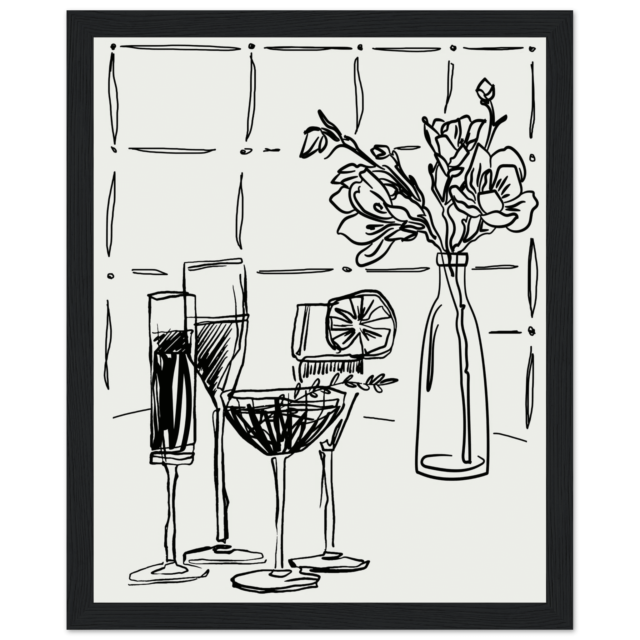 Cocktails & Flowers Print | Black Line Art Drinks Wall Art | Kitchen Bar Poster - Evergreen Posters