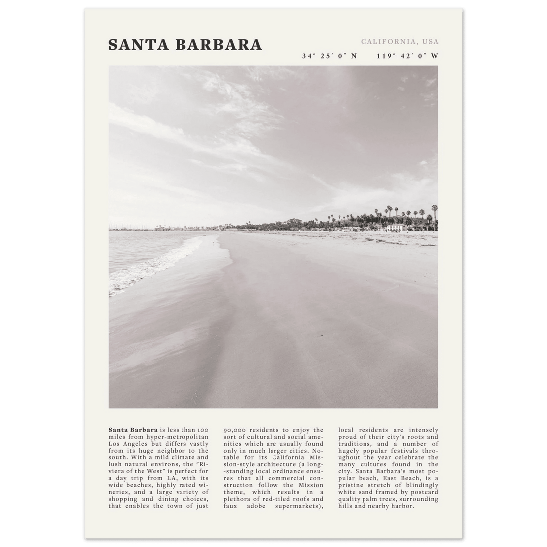 Santa Barbara Poster | Black & White California Beach Wall Art | CA Travel Print - Evergreen Posters
