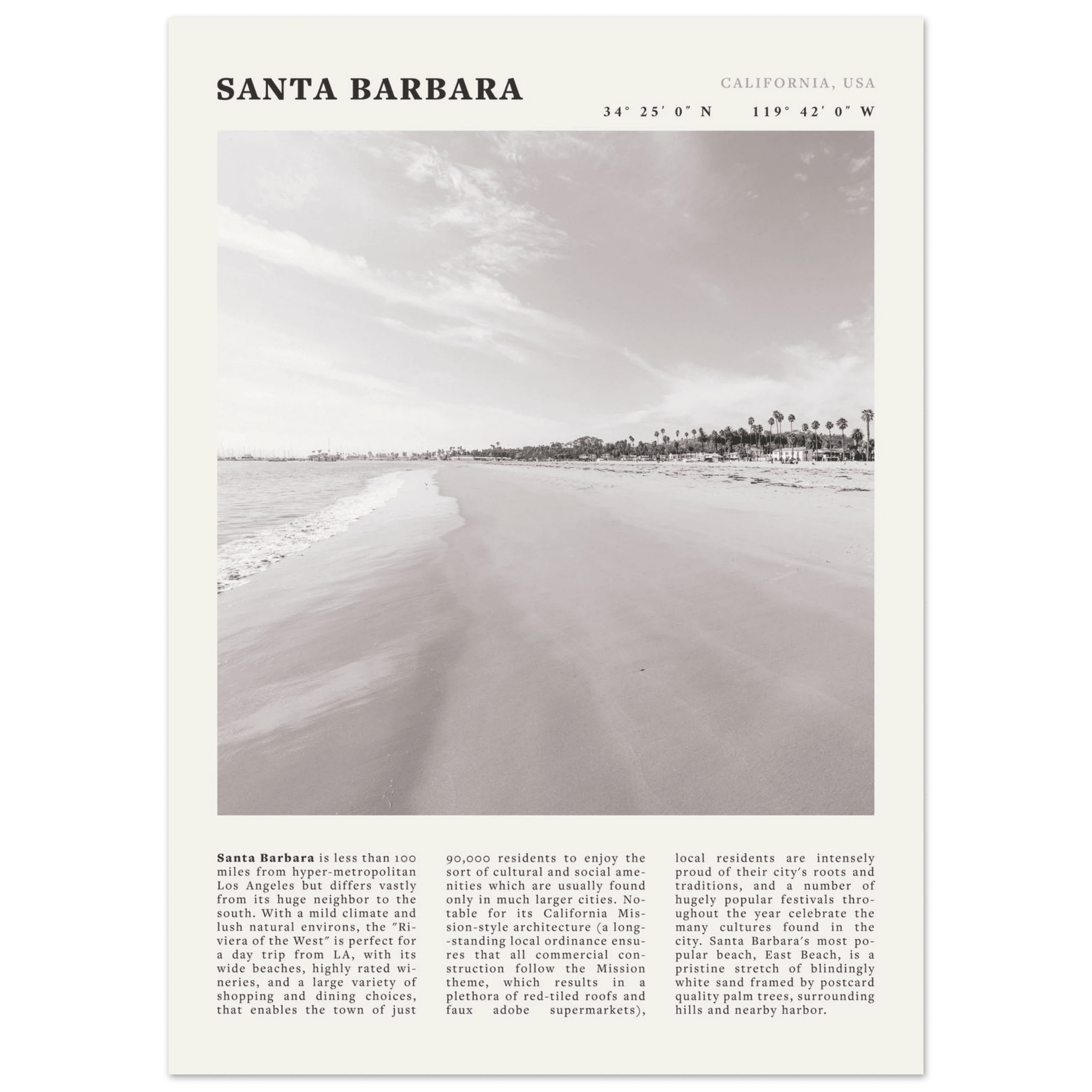Santa Barbara Poster | Black & White California Beach Wall Art | CA Travel Print - Evergreen Posters