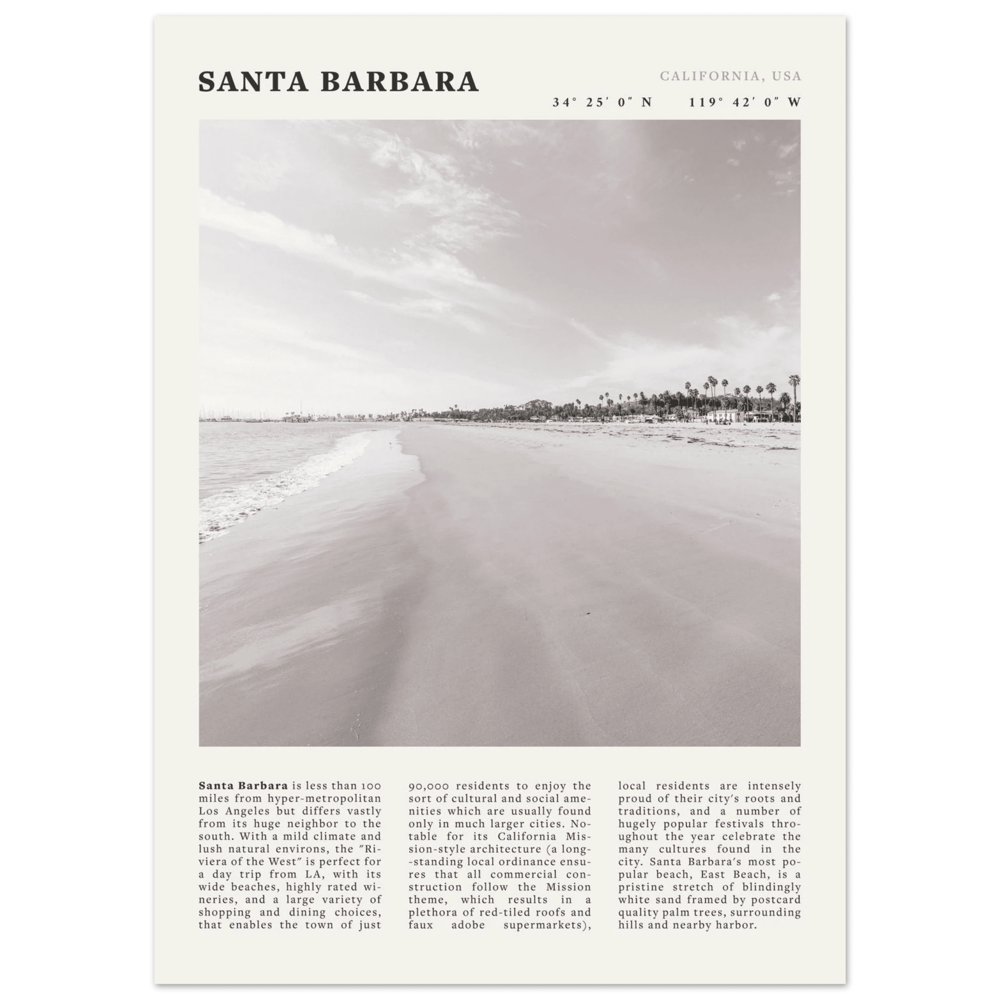 Santa Barbara Poster | Black & White California Beach Wall Art | CA Travel Print - Evergreen Posters