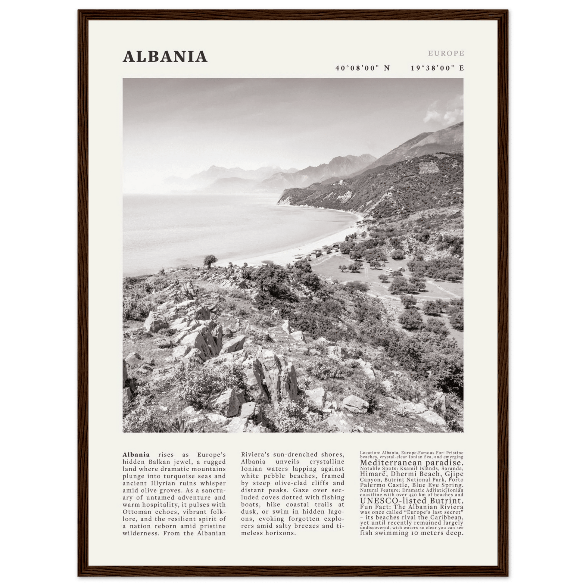 Albania Poster Black and White – Vintage Albanian Riviera Travel Print (Digital & Printed Options) - Evergreen Posters