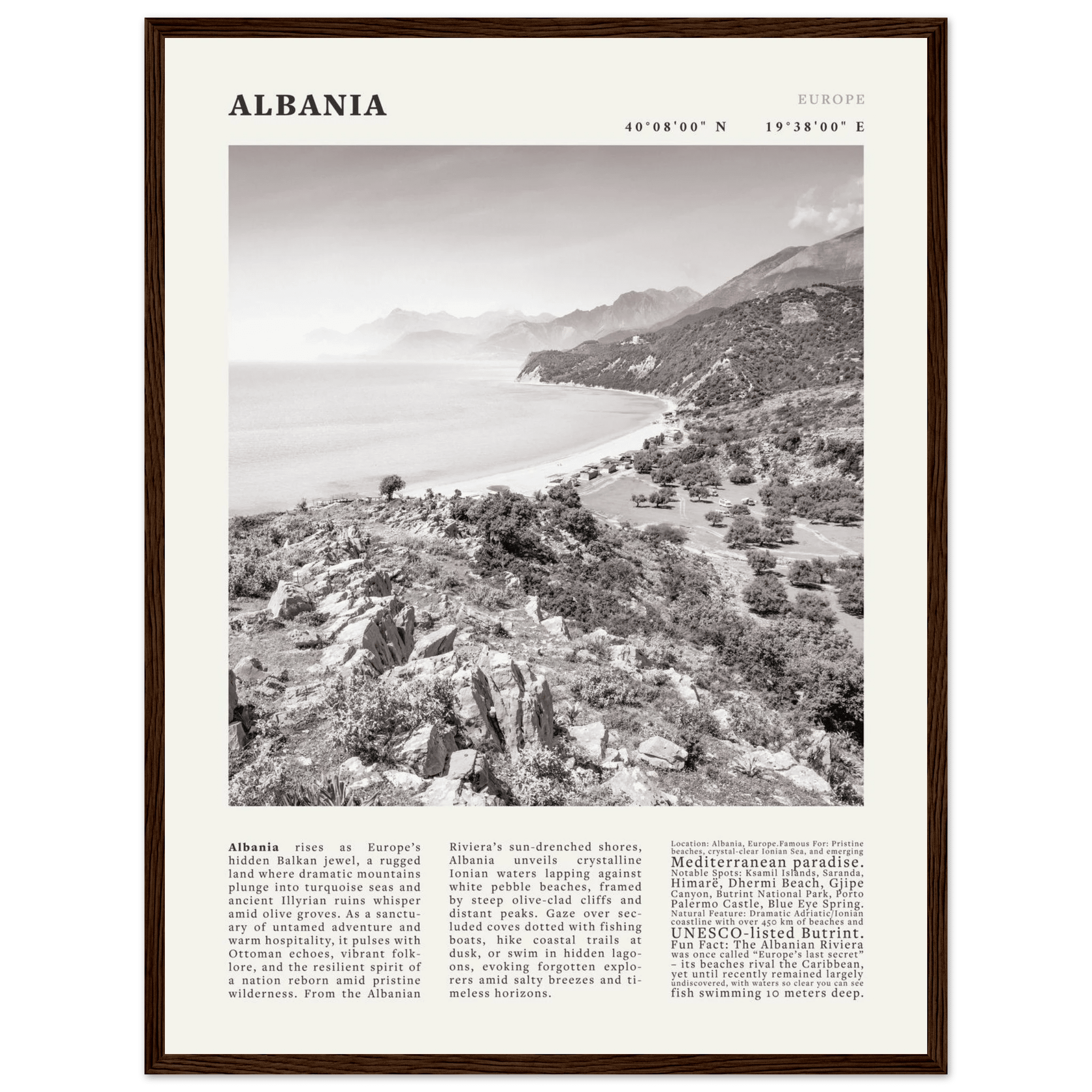 Albania Poster Black and White – Vintage Albanian Riviera Travel Print (Digital & Printed Options) - Evergreen Posters