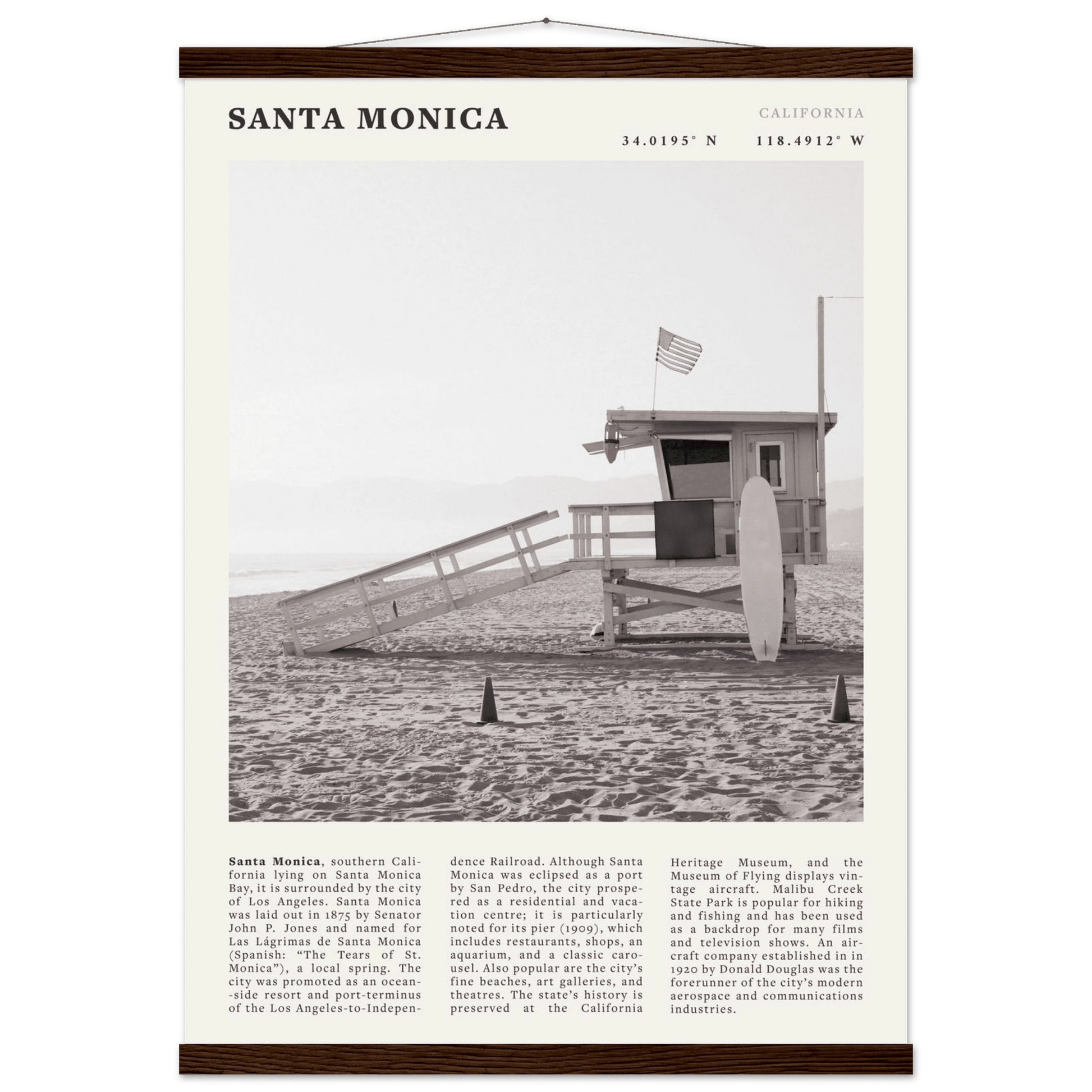 Santa Monica Poster | Black & White California Wall Art | Beach Travel Print | Coastal Decor - Evergreen Posters