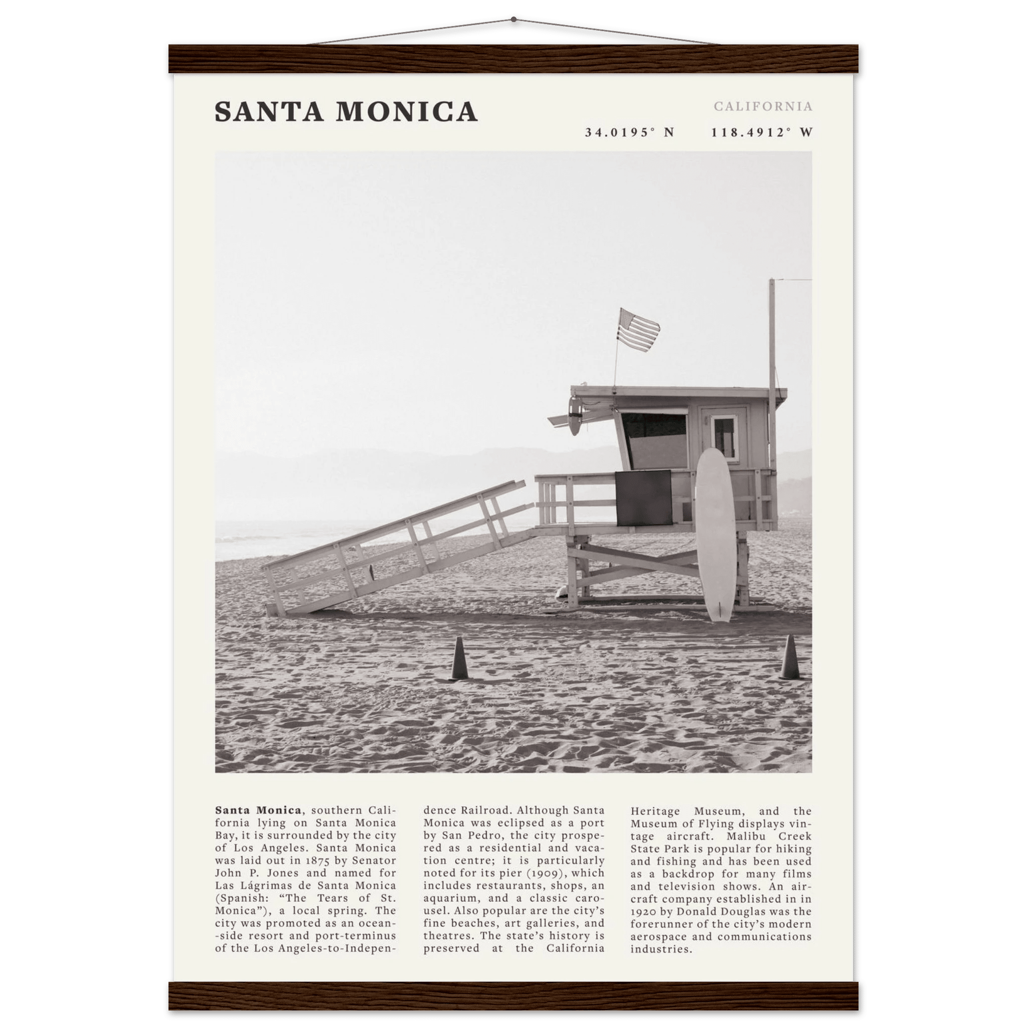 Santa Monica Poster | Black & White California Wall Art | Beach Travel Print | Coastal Decor - Evergreen Posters