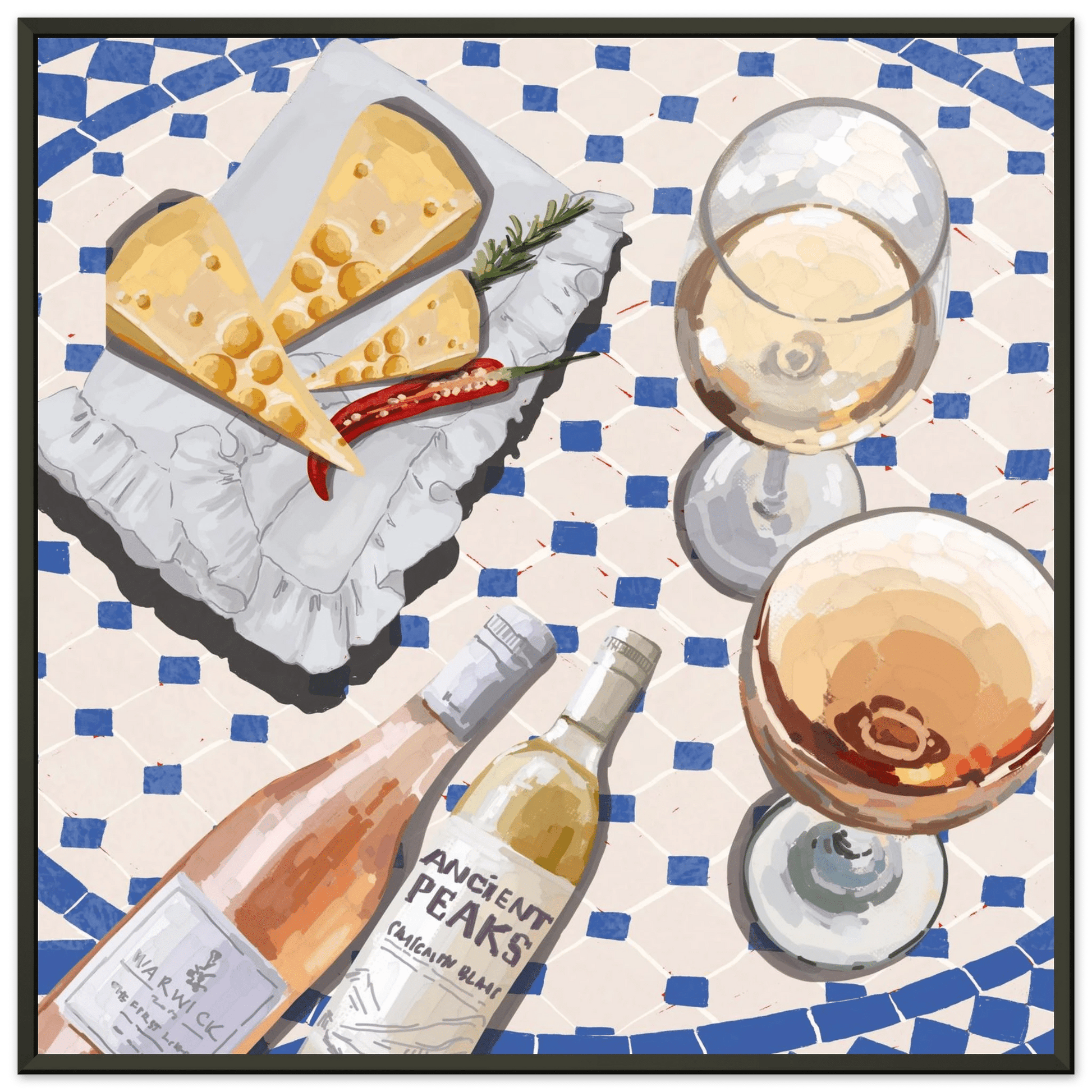 Wine & Cheese Poster | Food Wall Art | Blue Tile Square Kitchen Print - Evergreen Posters - 32