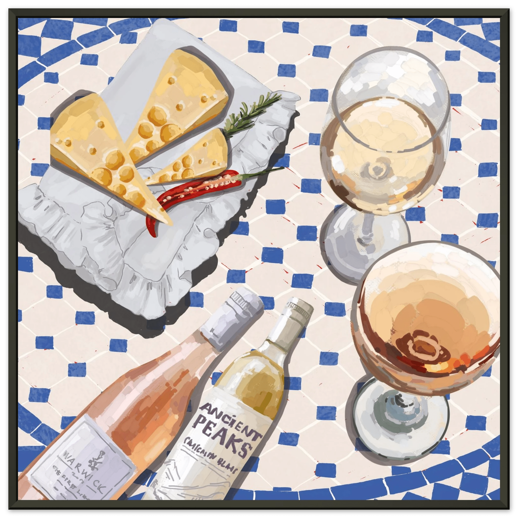 Wine & Cheese Poster | Food Wall Art | Blue Tile Square Kitchen Print - Evergreen Posters - 32