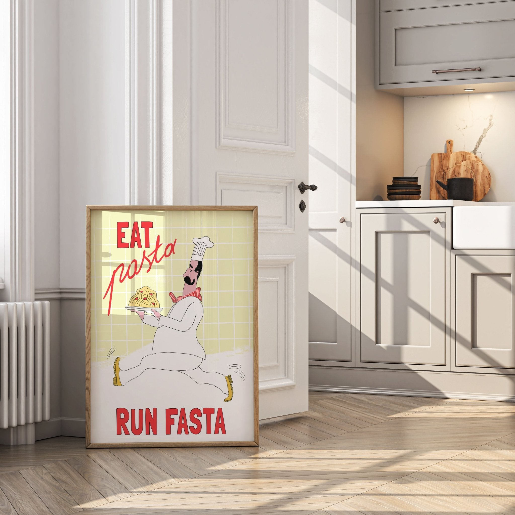 Eat Pasta Run Fasta Poster – Playful Kitchen Wall Art Print (Digital & Printed Options) - Evergreen Posters