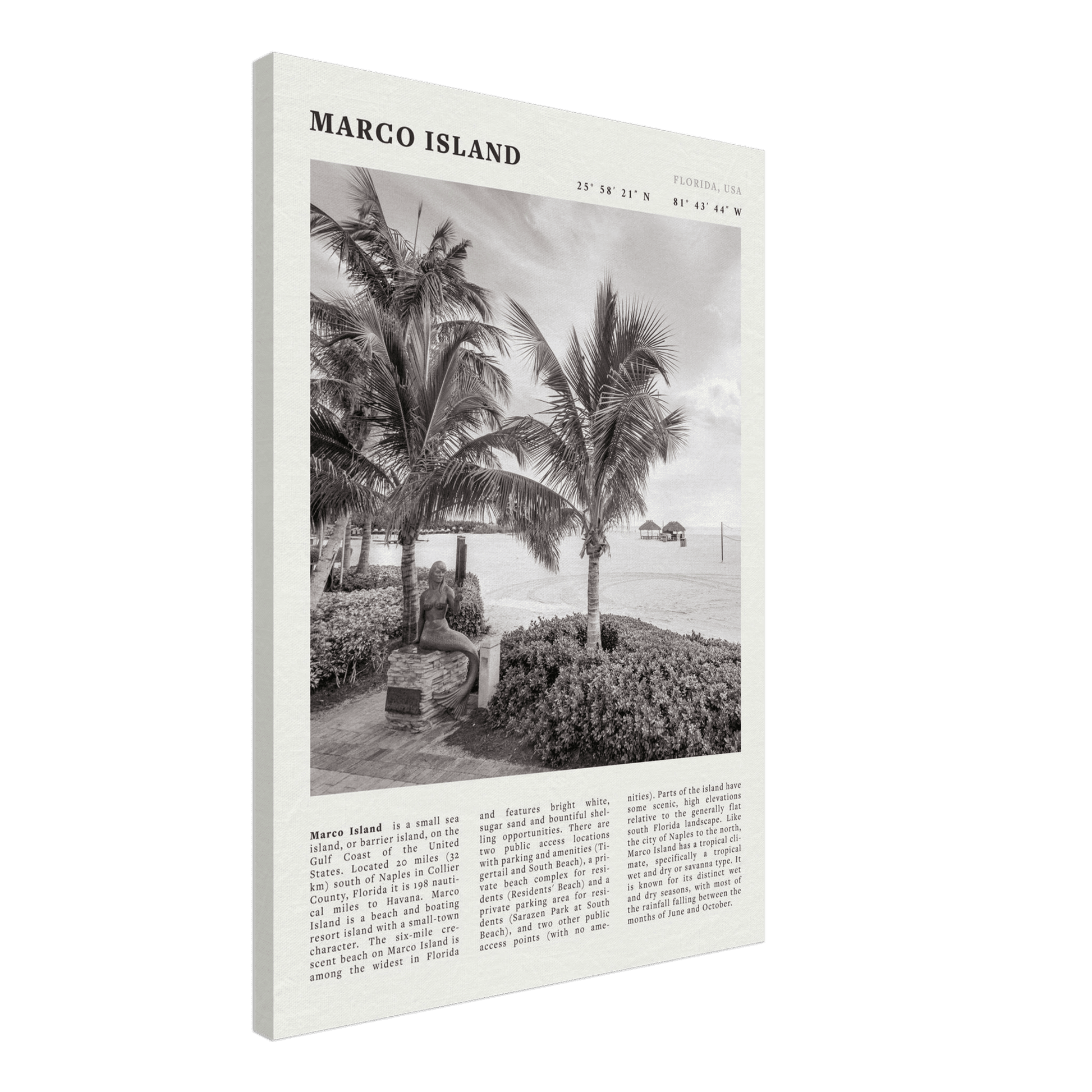 Marco Island Poster | Black & White Florida Beach Wall Art | Coastal Travel Print - Evergreen Posters