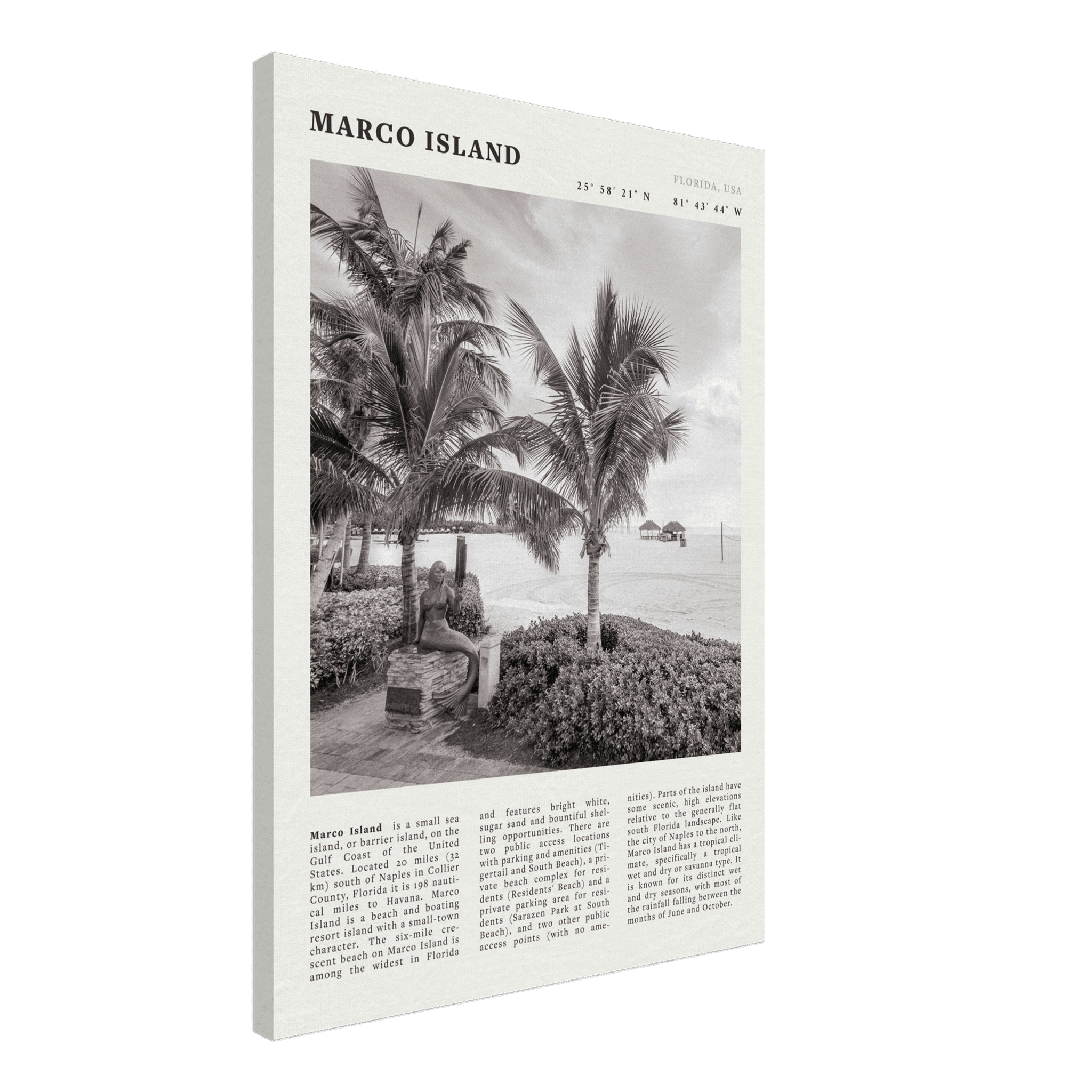 Marco Island Poster | Black & White Florida Beach Wall Art | Coastal Travel Print - Evergreen Posters