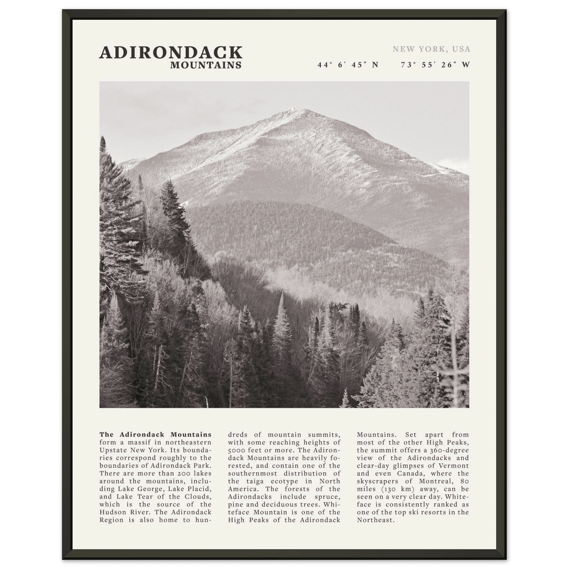 Adirondack Mountains Poster | Black & White New York Nature Wall Art | Hiking Print - Evergreen Posters