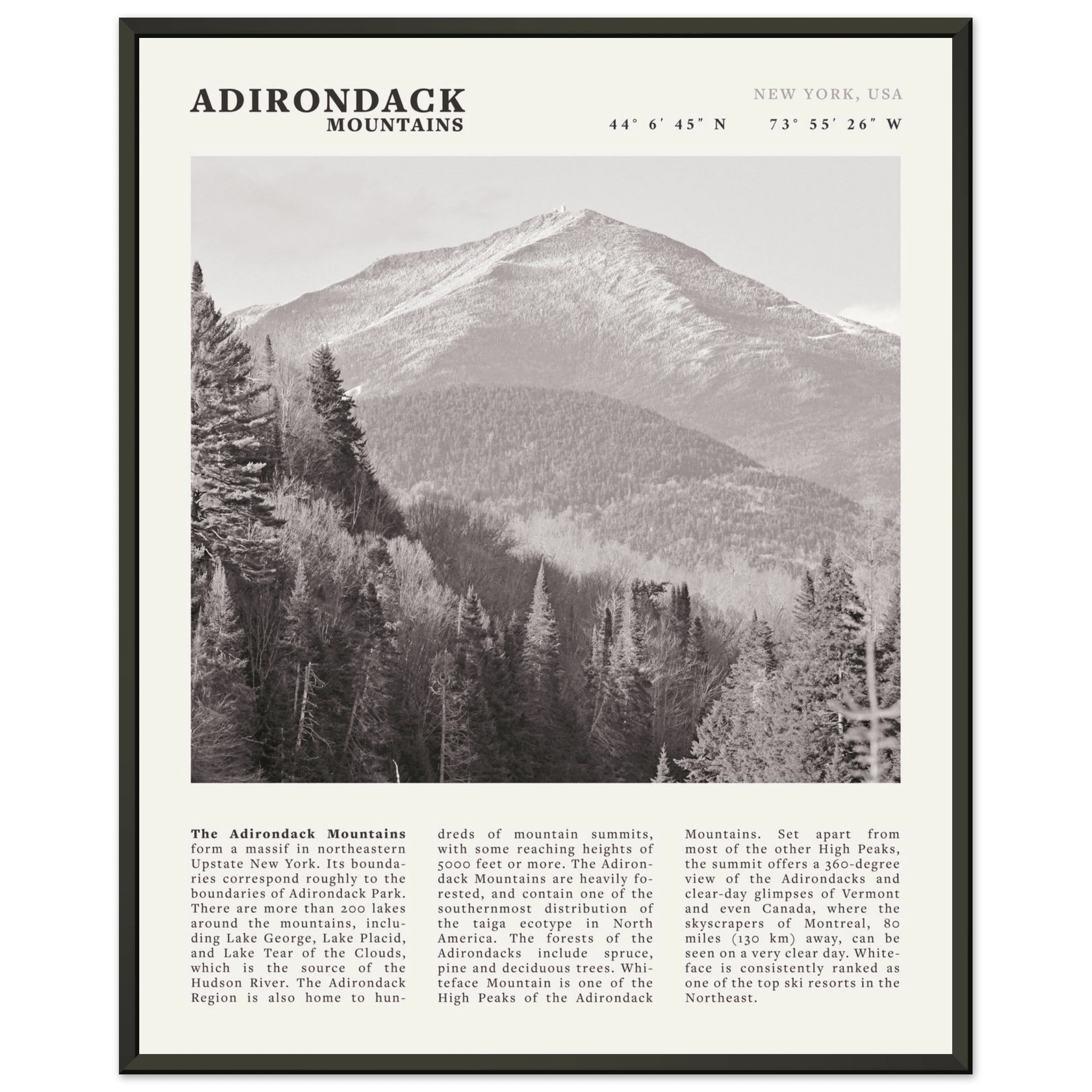 Adirondack Mountains Poster | Black & White New York Nature Wall Art | Hiking Print - Evergreen Posters