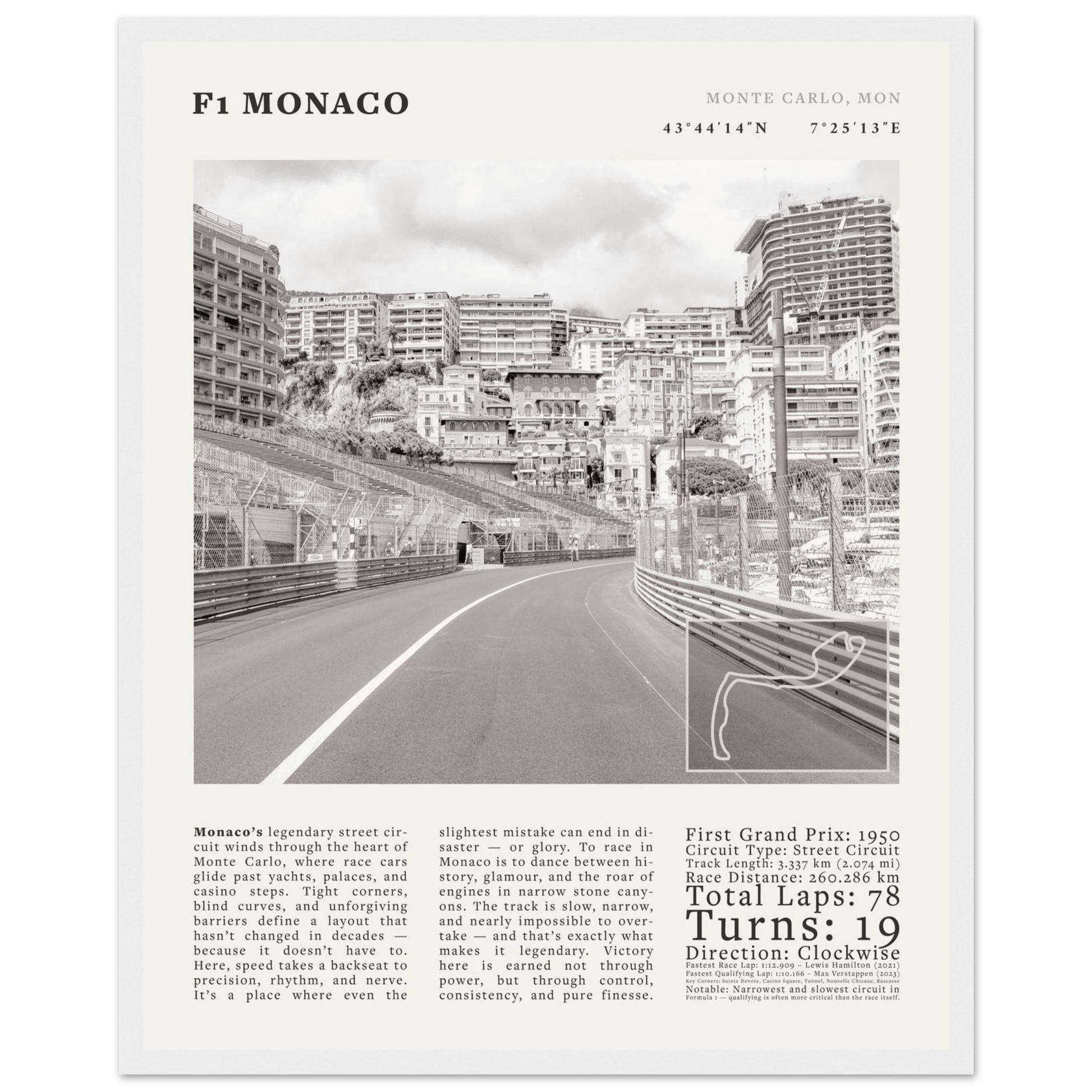 F1 Monaco Poster Black and White – Vintage Monte Carlo Street Circuit Print (Digital & Printed Options) - Evergreen Posters